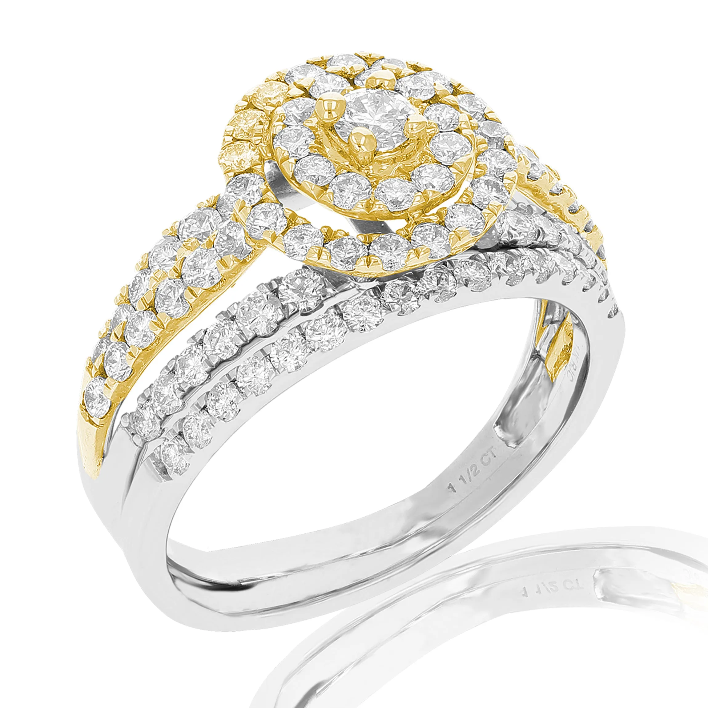 1 1/4 cttw Diamond Wedding Engagement Ring Set 14K White Yellow Gold Halo