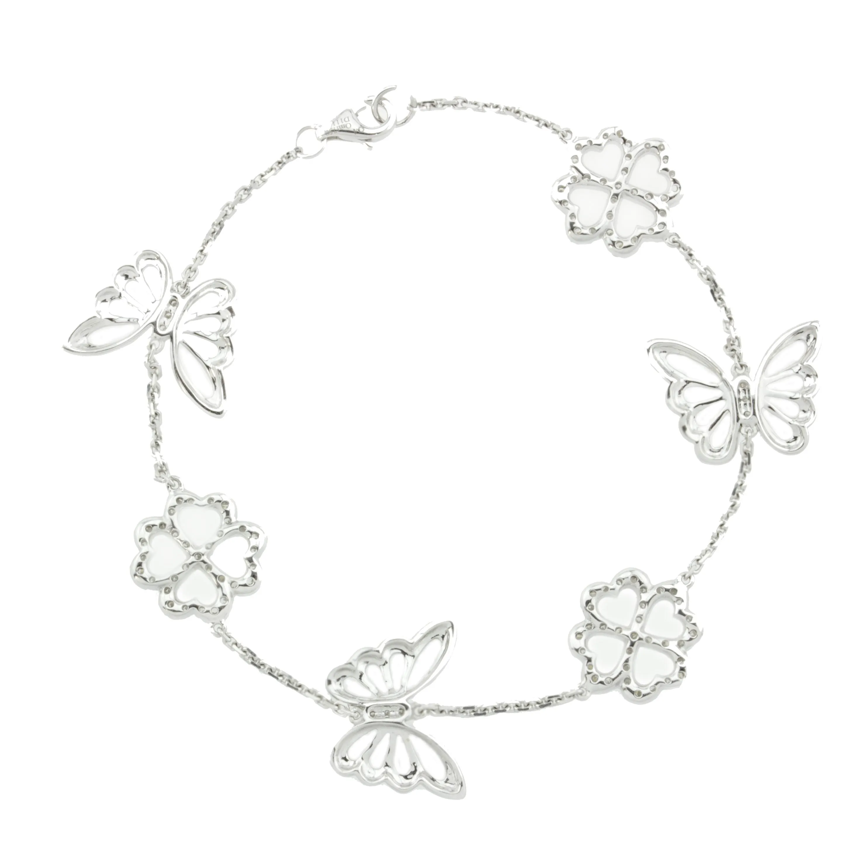 18K White Gold Bracelet Featuring Diamond Flowers, Butterfly, and 1.11CT Round Cut Diamonds