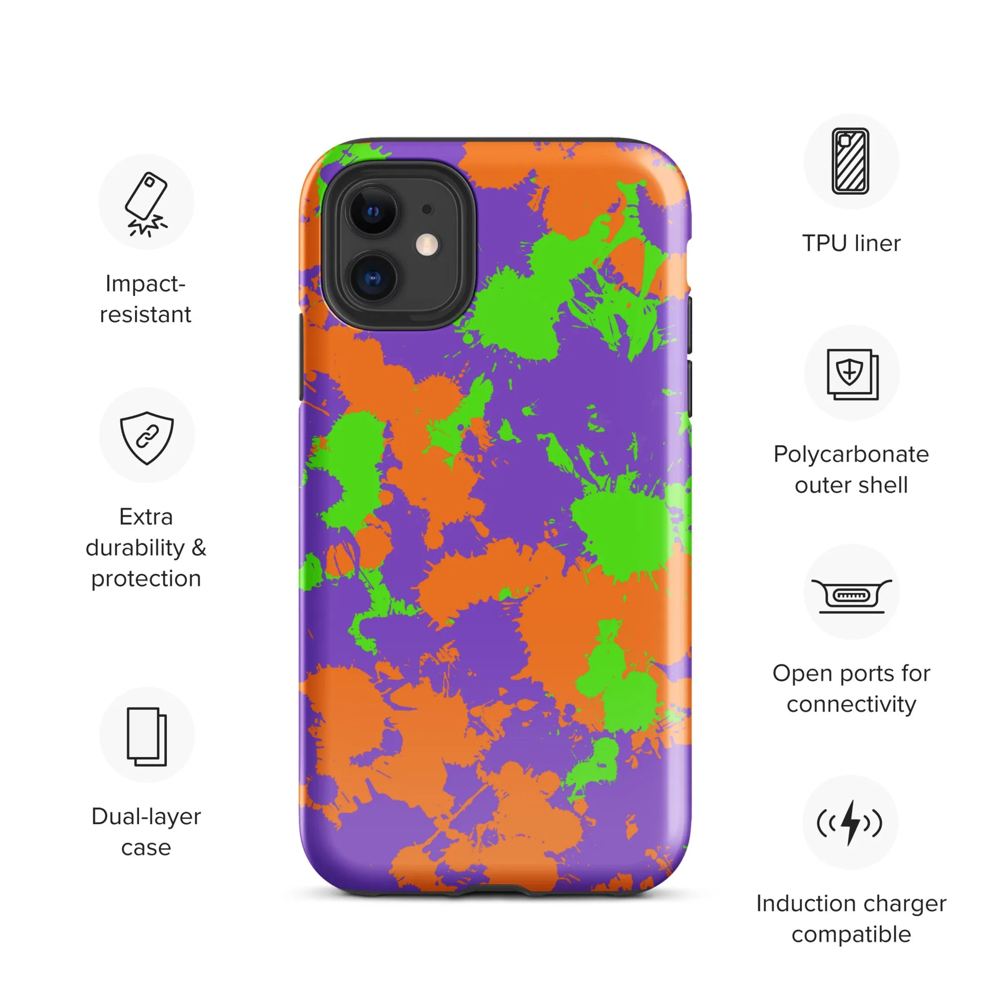 90s Kid Green, Purple and Orange Slime Splatter Tough Case for iPhone