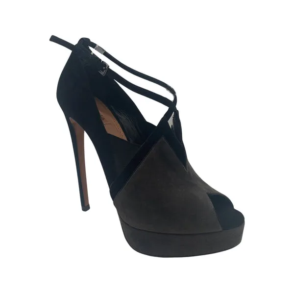 ALAÏA black and grey open toe suede platform heels