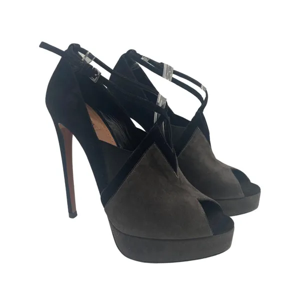 ALAÏA black and grey open toe suede platform heels