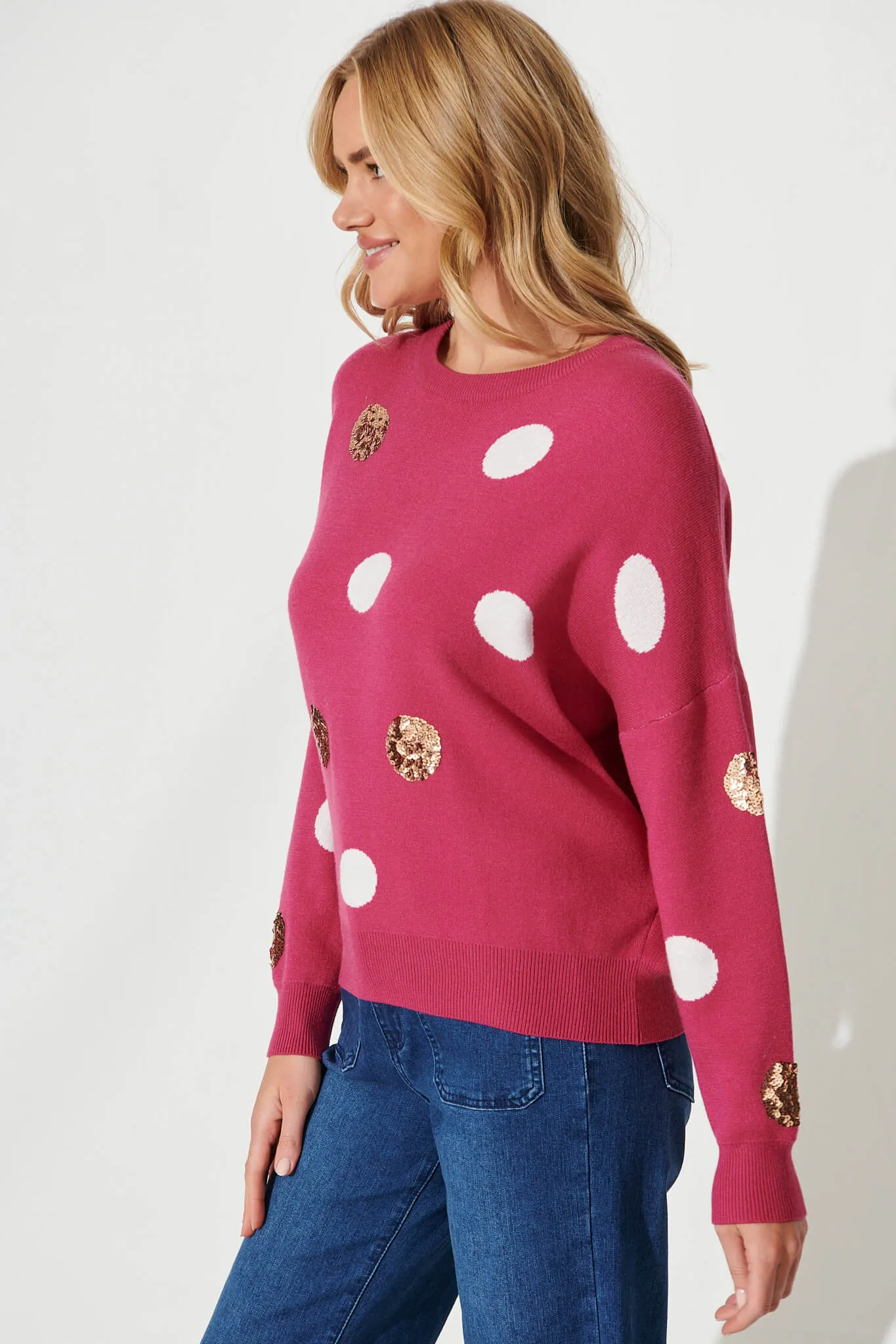 Almeria Knit In Magenta With Sequin Spot Wool Blend