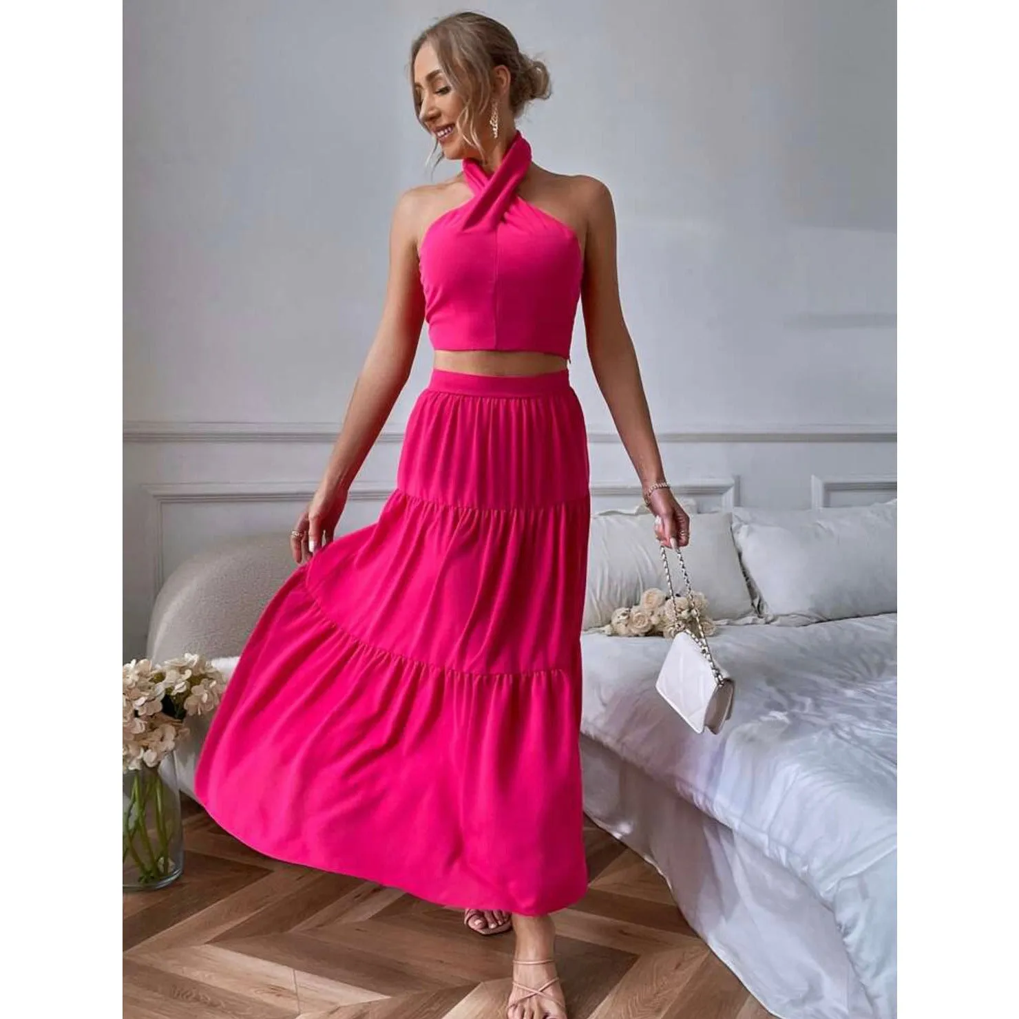 Stylish Backless Crop Top and Skirt Set