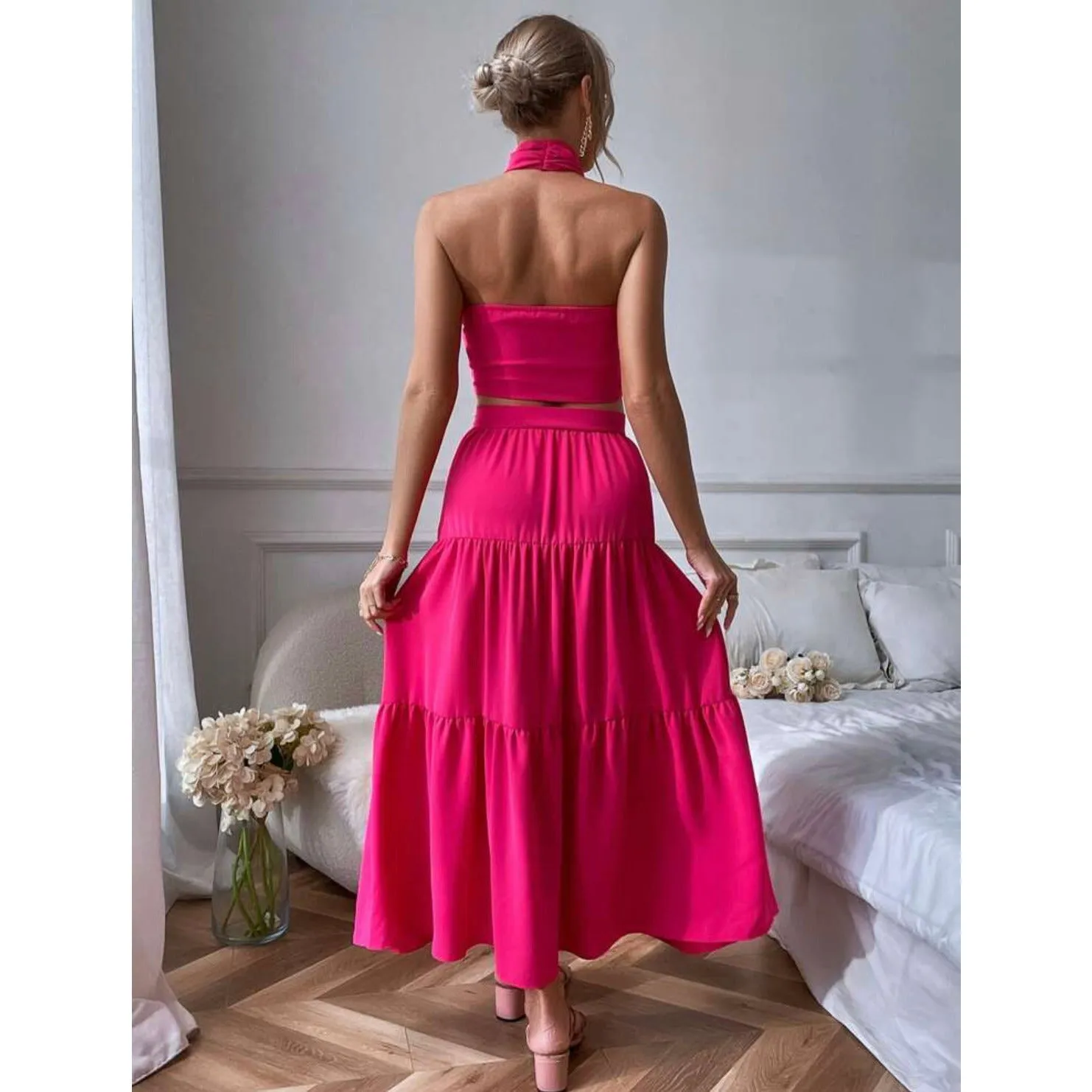 Stylish Backless Crop Top and Skirt Set