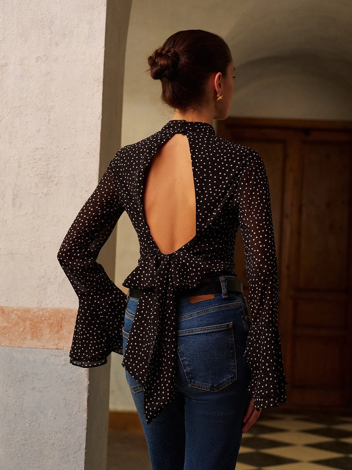 Backless Polka Dot Bow Chiffon Shirt