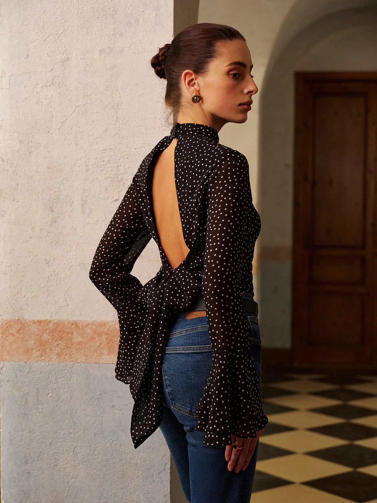 Backless Polka Dot Bow Chiffon Shirt