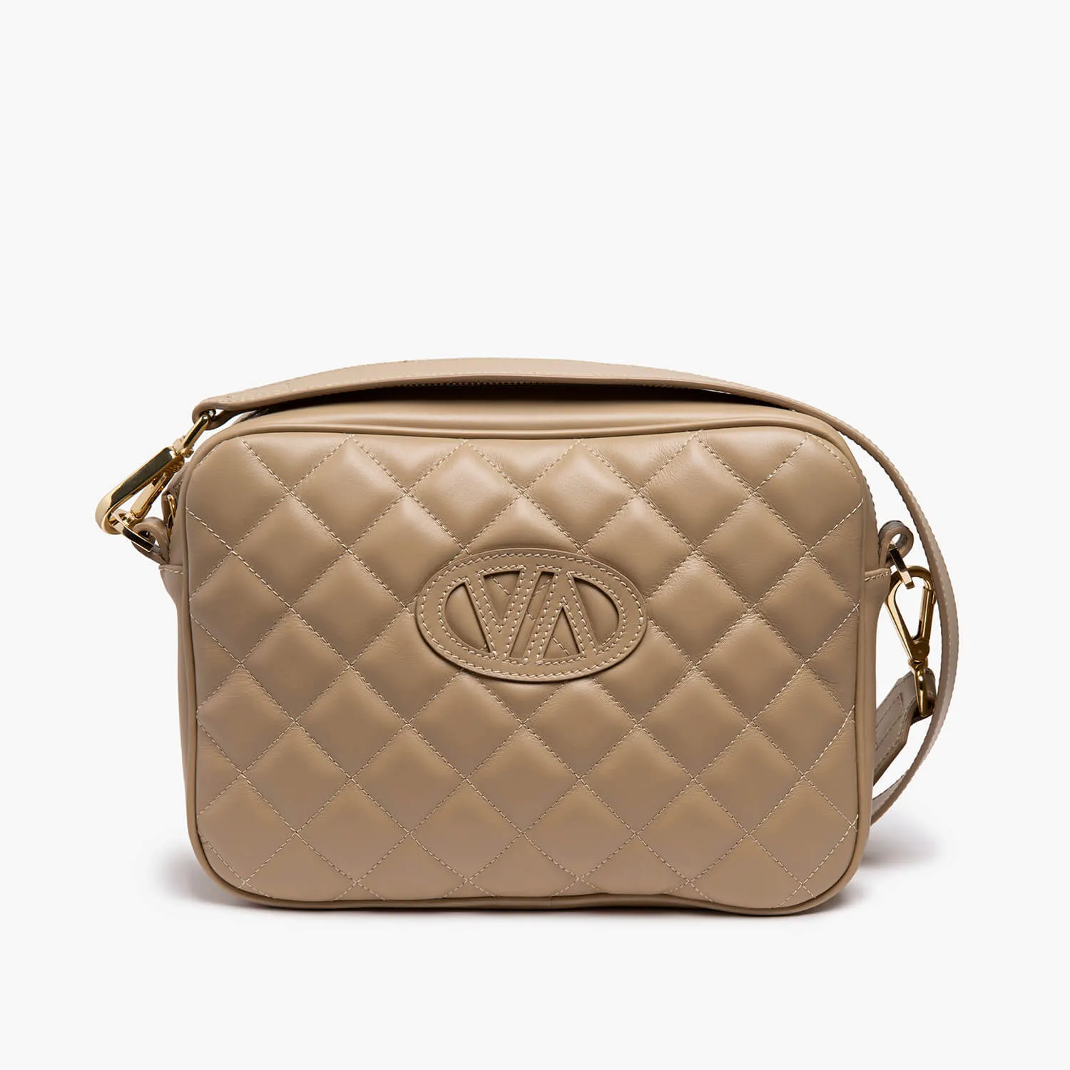 Beige leather shoulder bag quilted with logo.