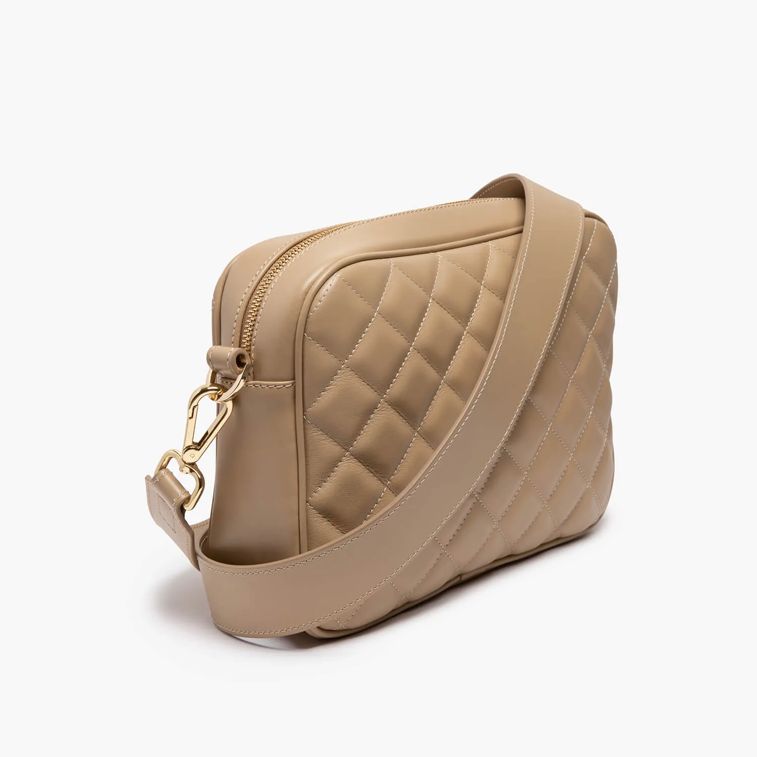 Beige leather shoulder bag quilted with logo.