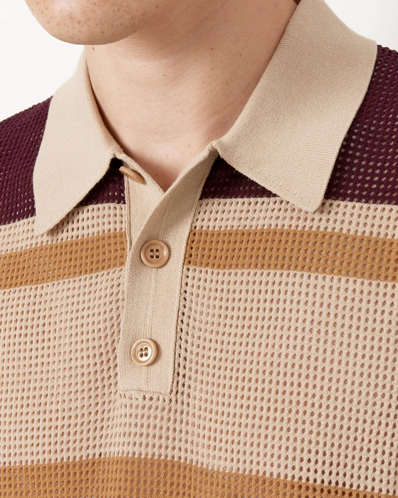 Beige Polo with Striped Spread Collar