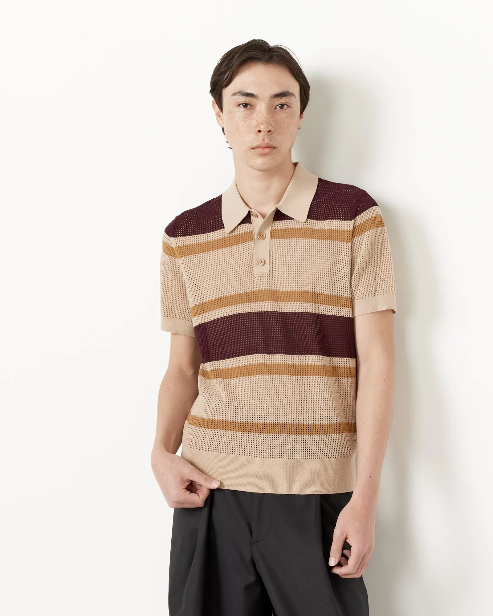 Beige Polo with Striped Spread Collar