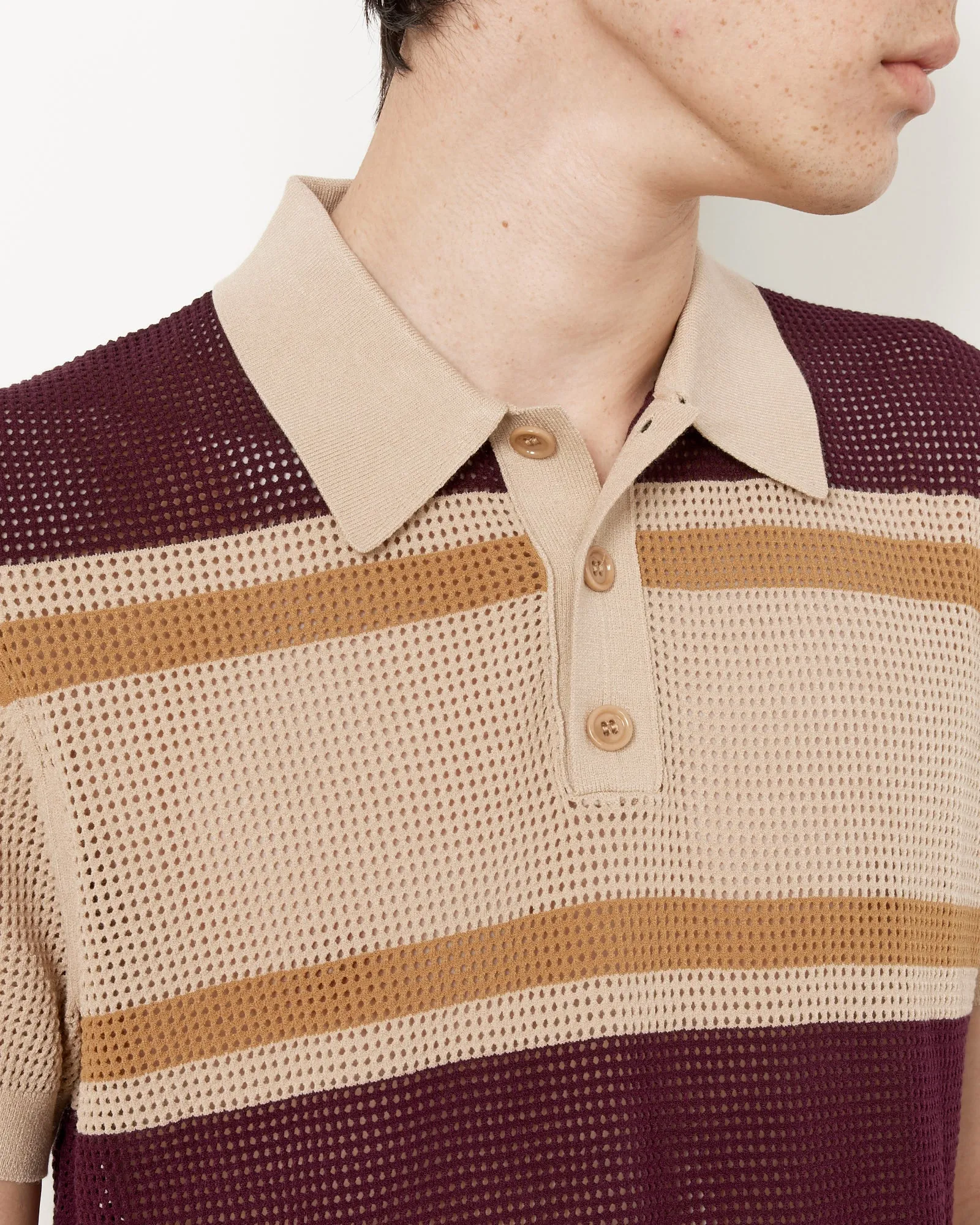 Beige Polo with Striped Spread Collar