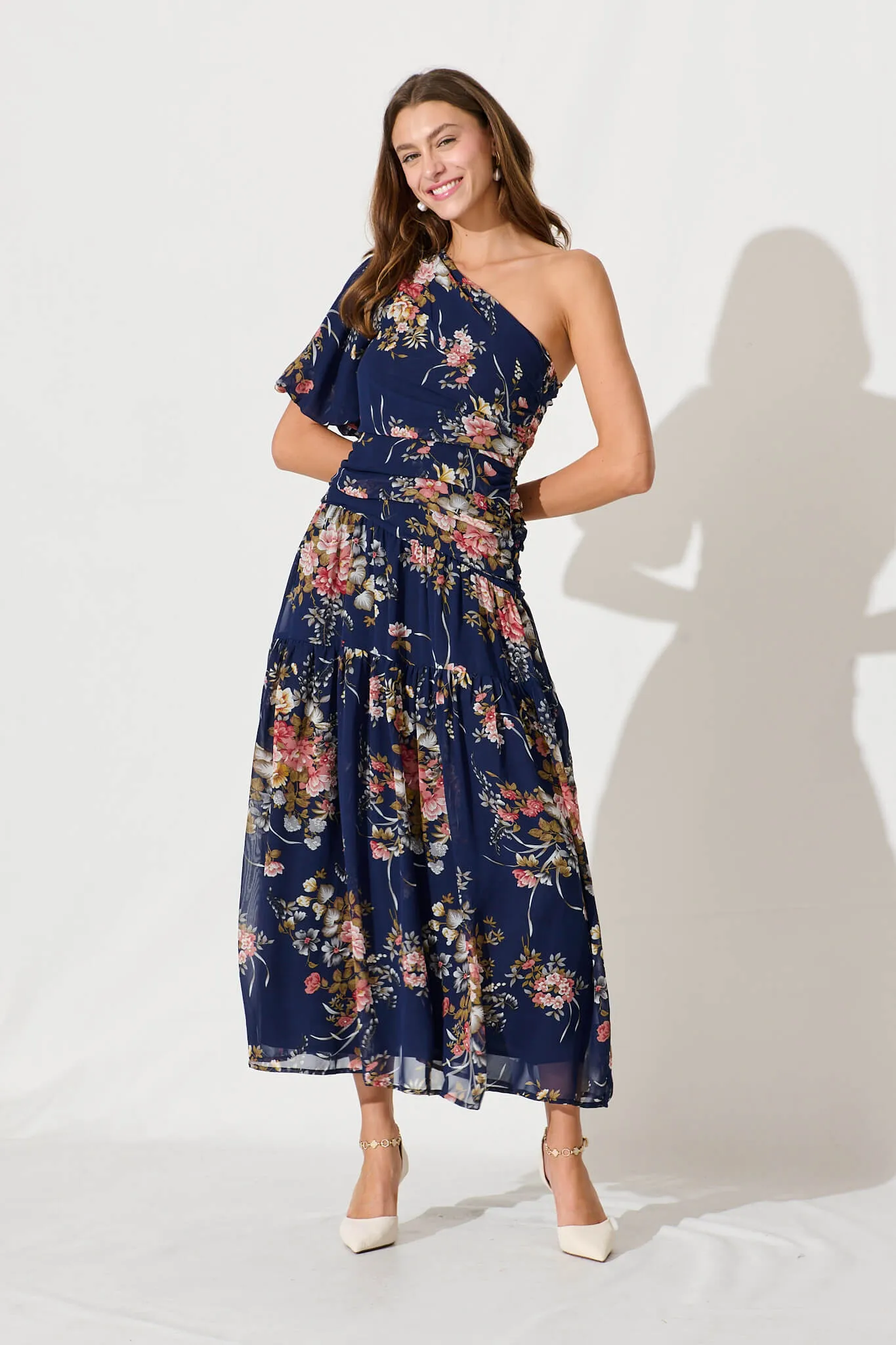 Berlyn One Shoulder Maxi Dress In Navy Floral Chiffon