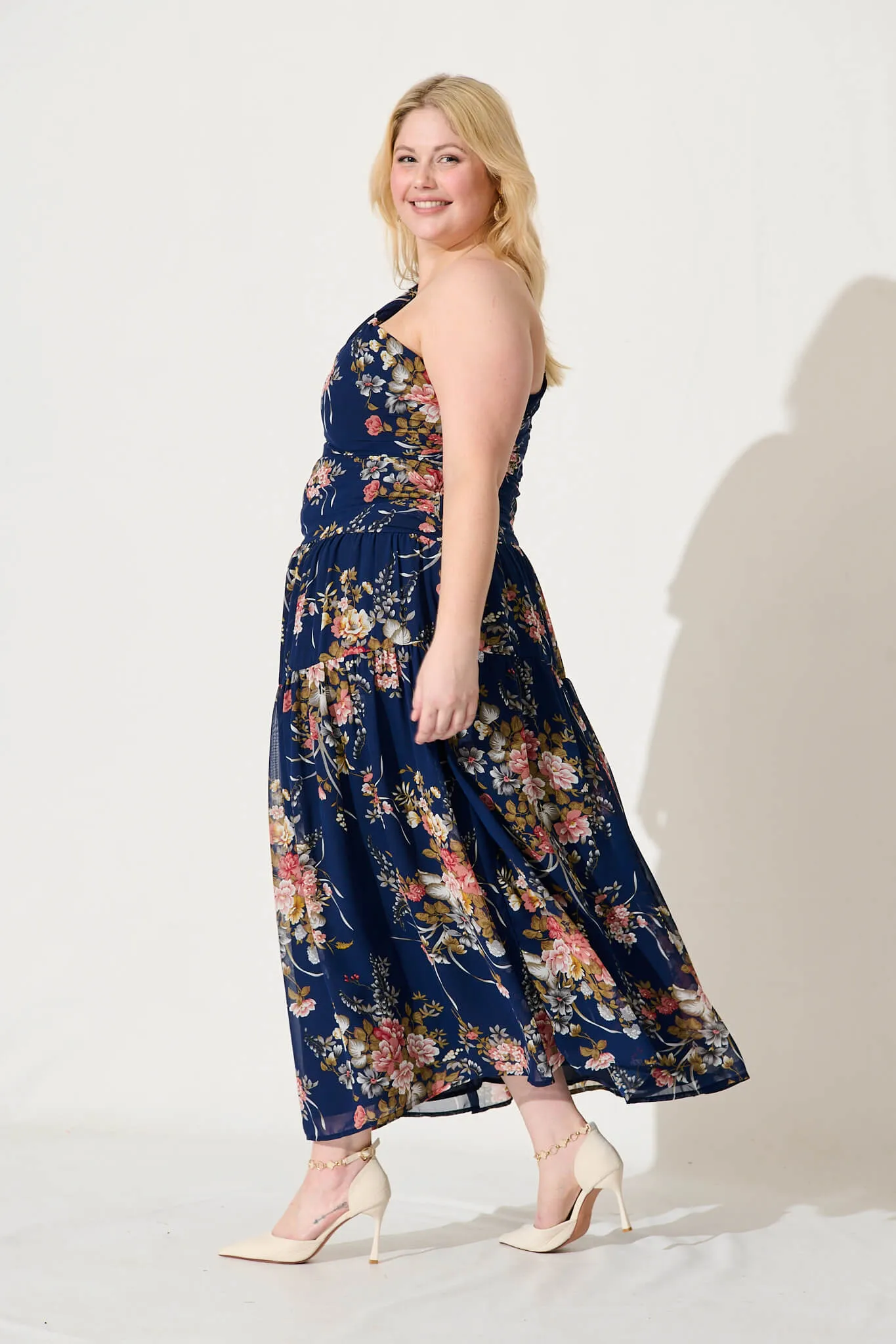 Berlyn One Shoulder Maxi Dress In Navy Floral Chiffon