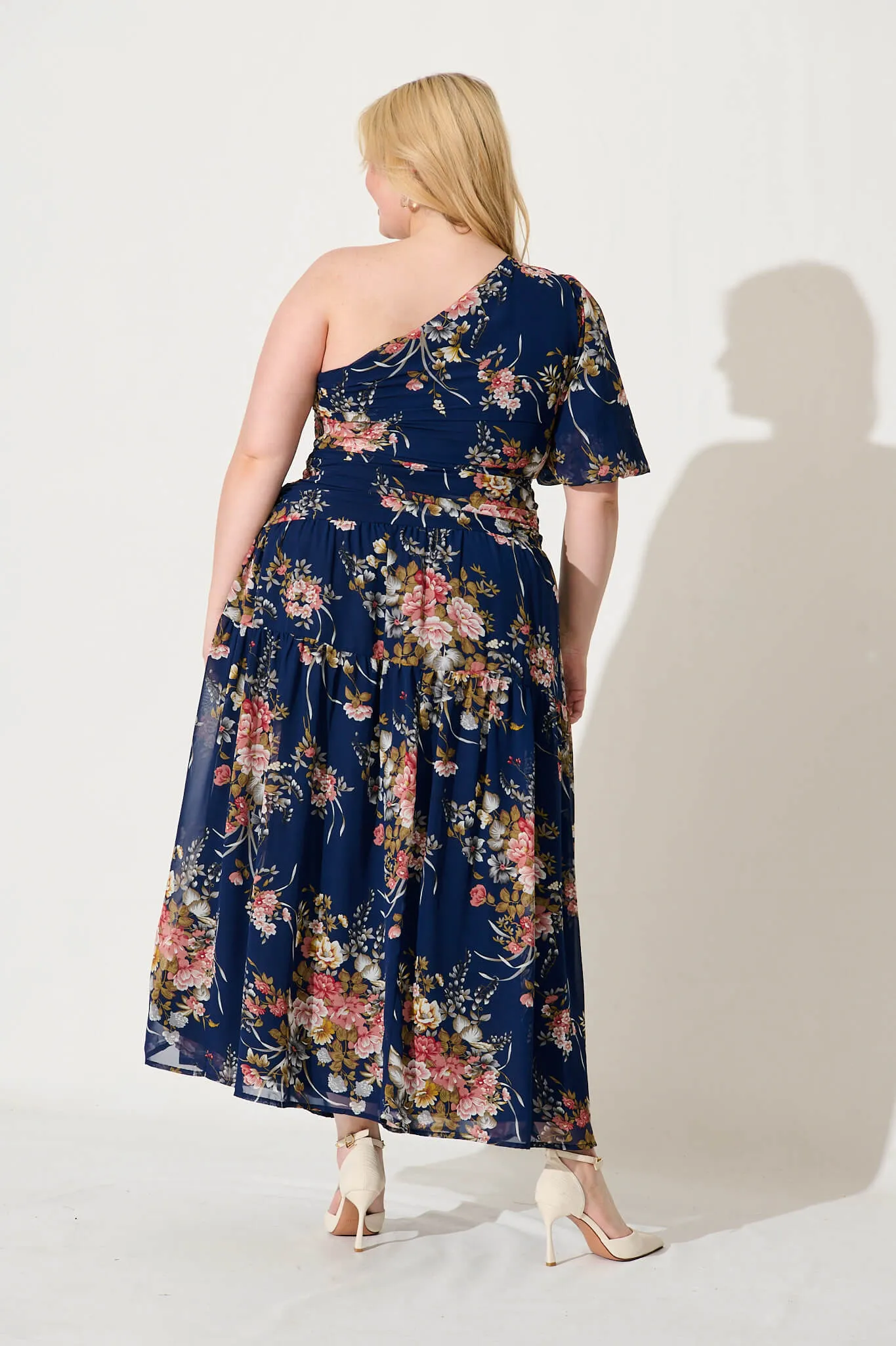 Berlyn One Shoulder Maxi Dress In Navy Floral Chiffon