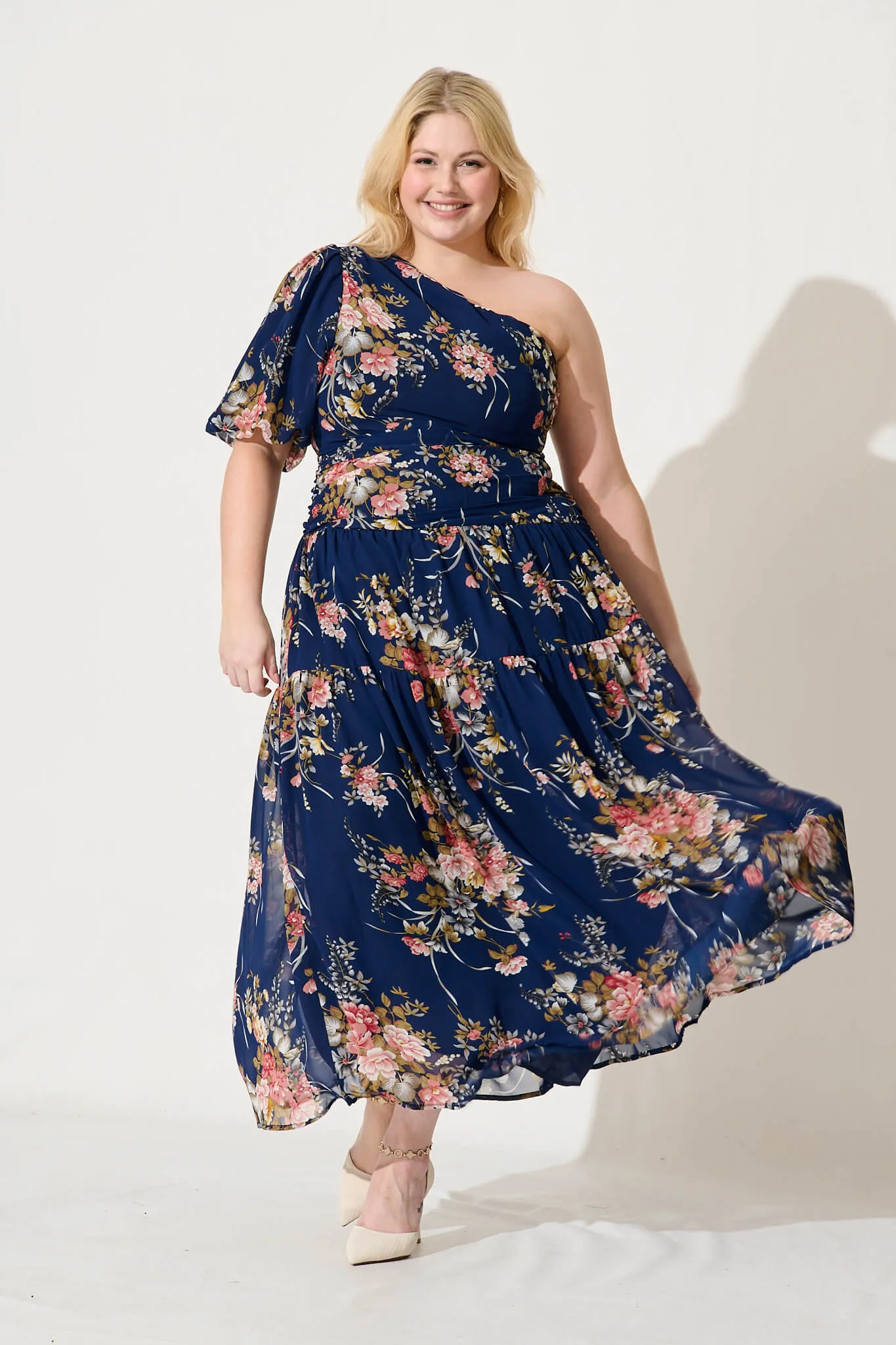 Berlyn One Shoulder Maxi Dress In Navy Floral Chiffon