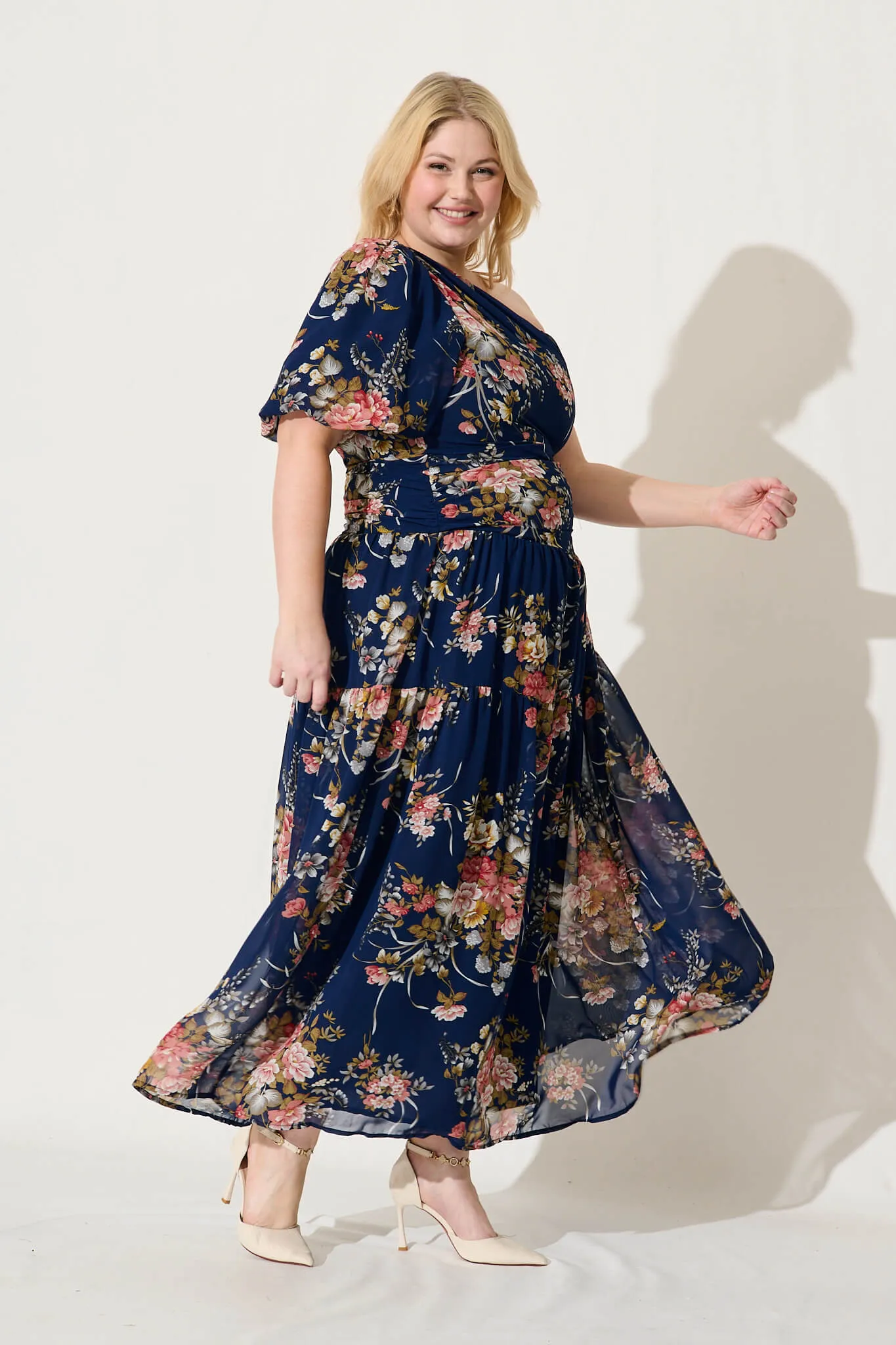 Berlyn One Shoulder Maxi Dress In Navy Floral Chiffon