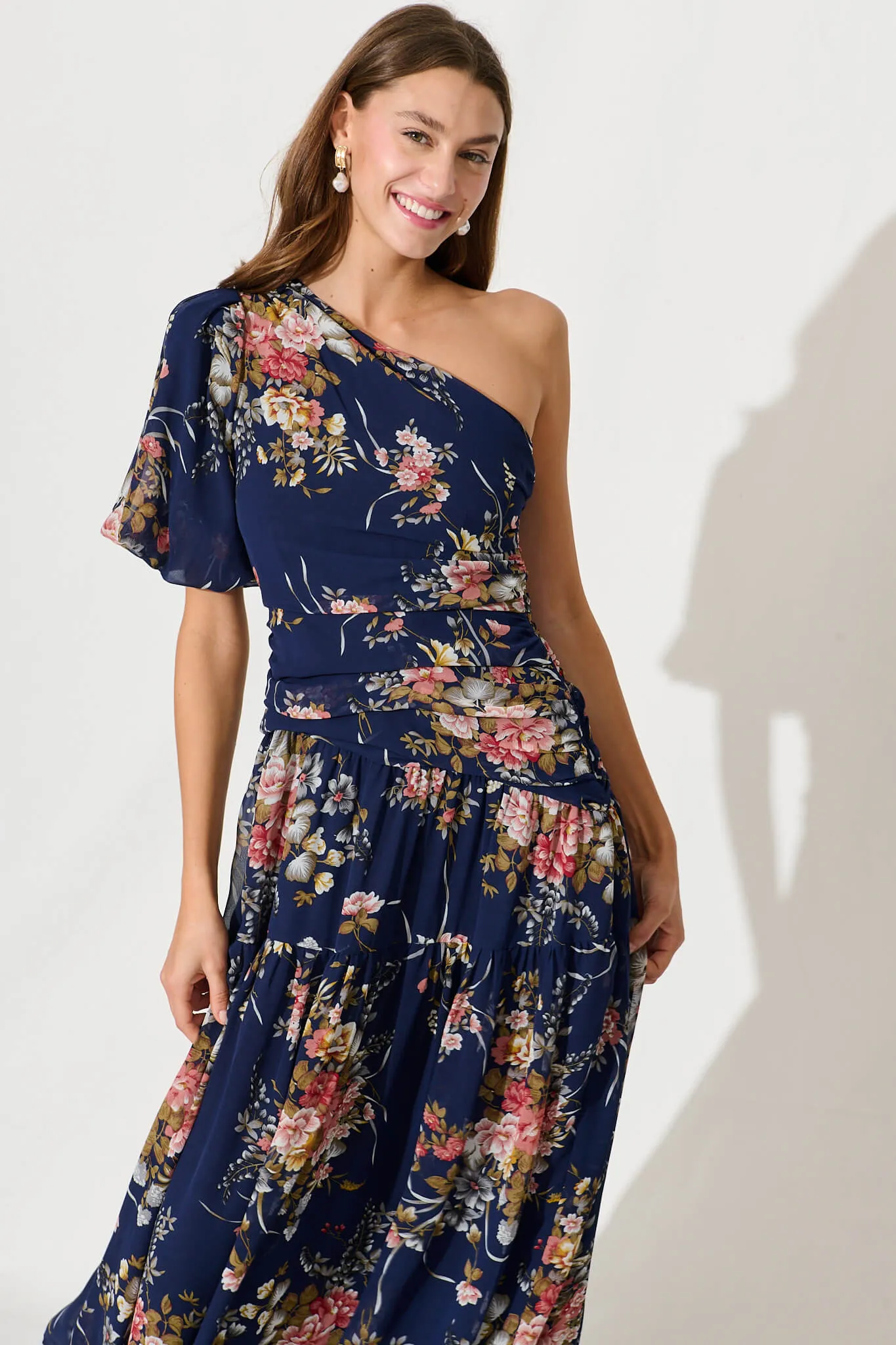 Berlyn One Shoulder Maxi Dress In Navy Floral Chiffon