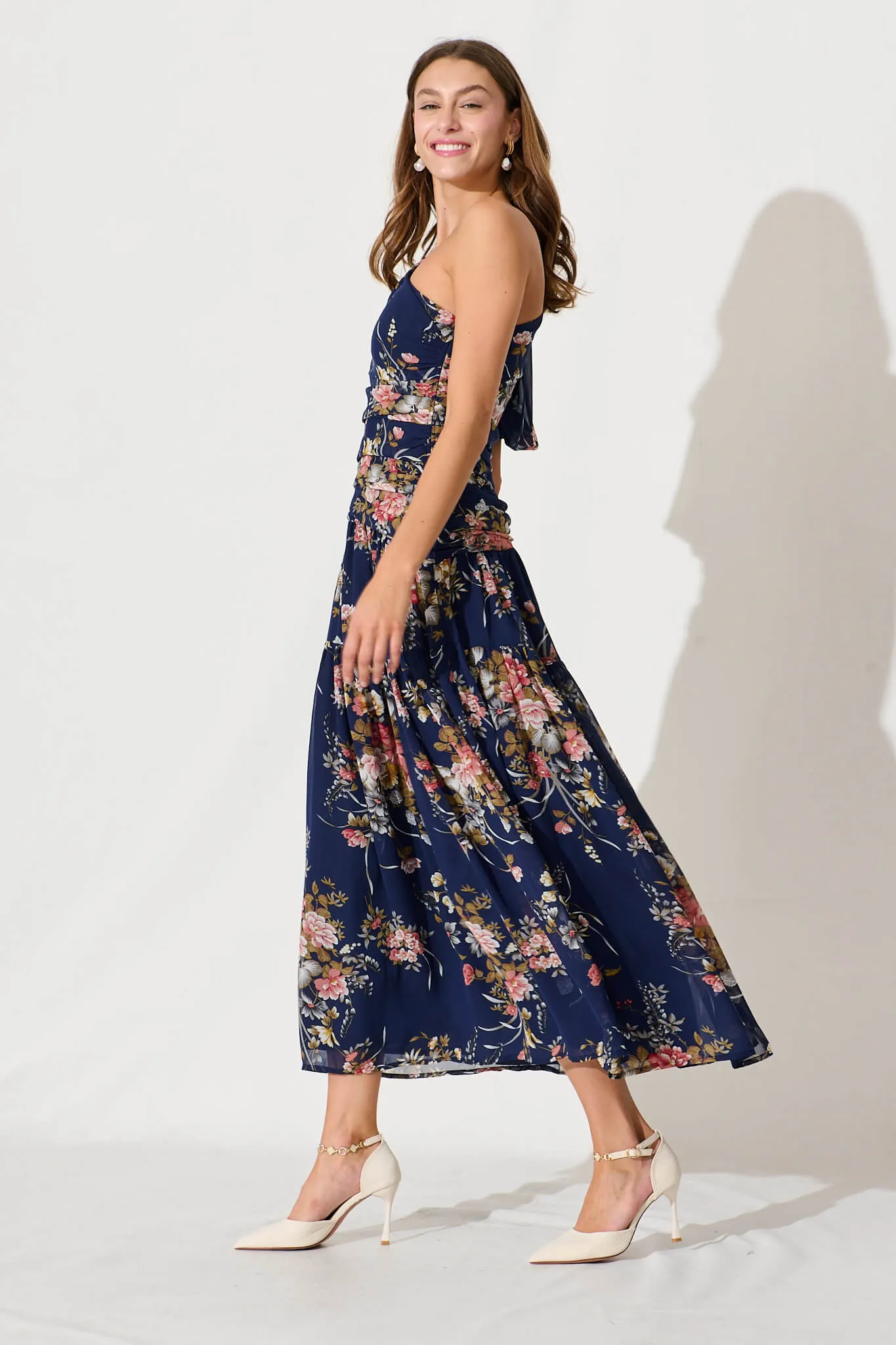 Berlyn One Shoulder Maxi Dress In Navy Floral Chiffon