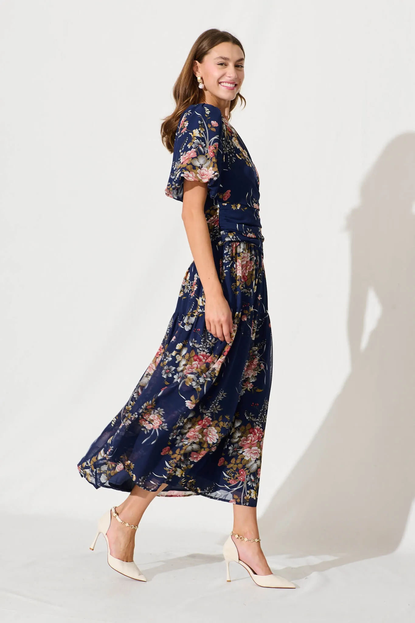 Berlyn One Shoulder Maxi Dress In Navy Floral Chiffon