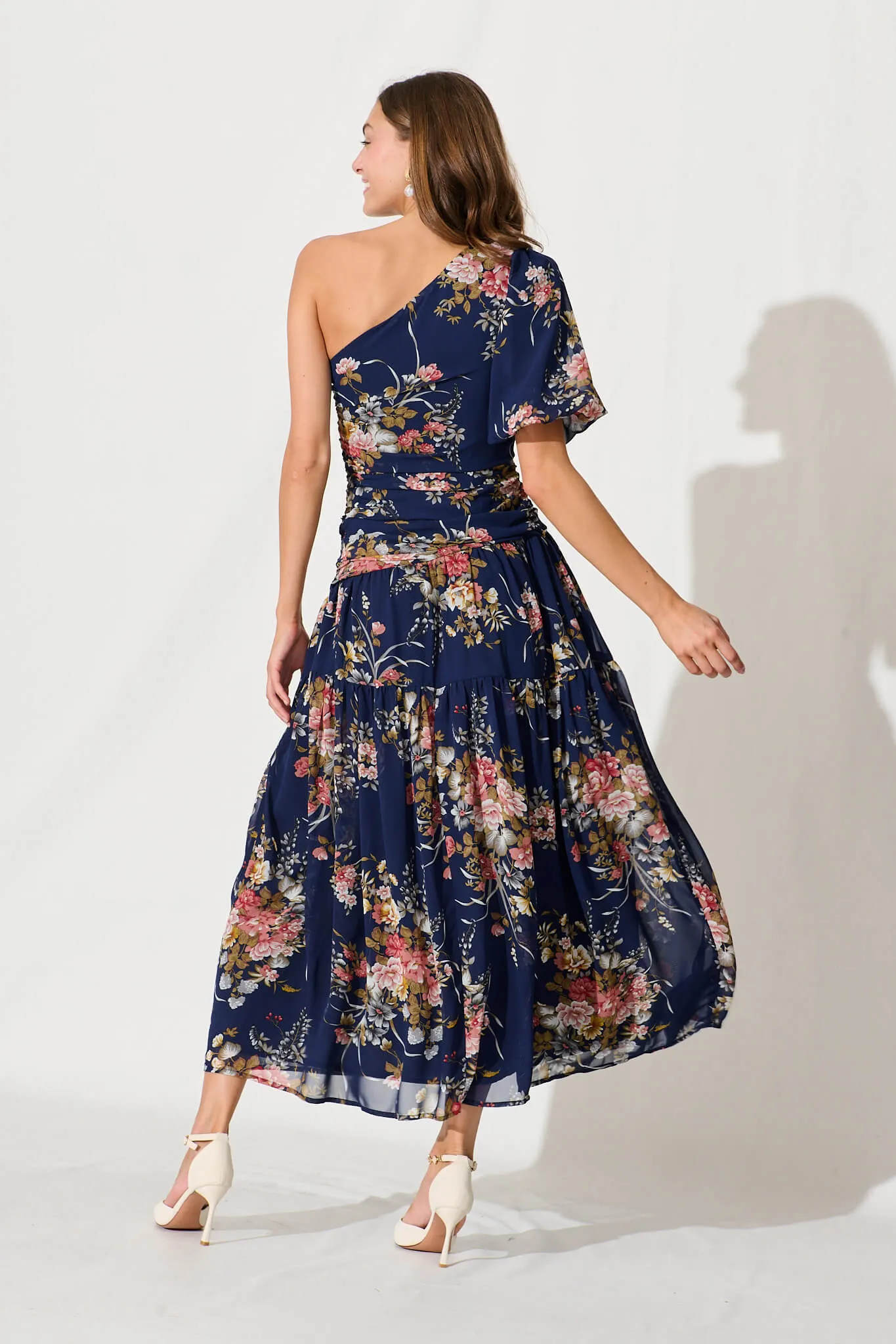 Berlyn One Shoulder Maxi Dress In Navy Floral Chiffon