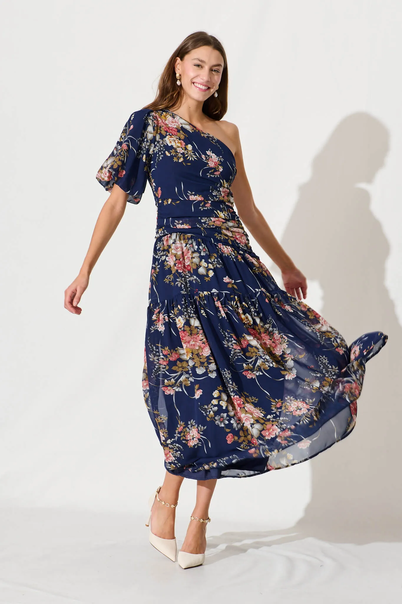 Berlyn One Shoulder Maxi Dress In Navy Floral Chiffon