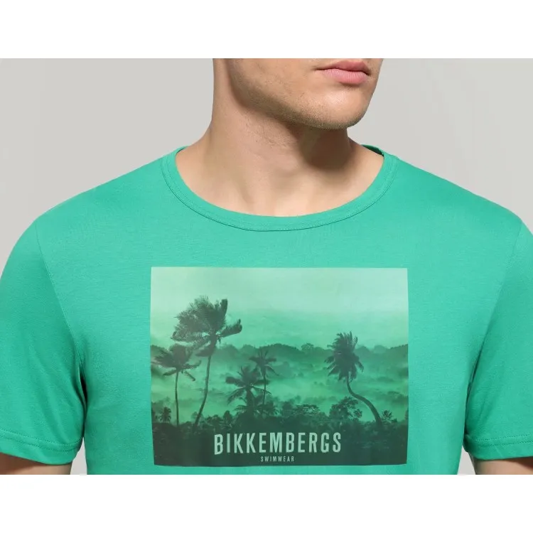 Bikkembergs TROPICAL LANDSCAPE T-Shirt Maniche Corte In Cotone Con Stampa Verde