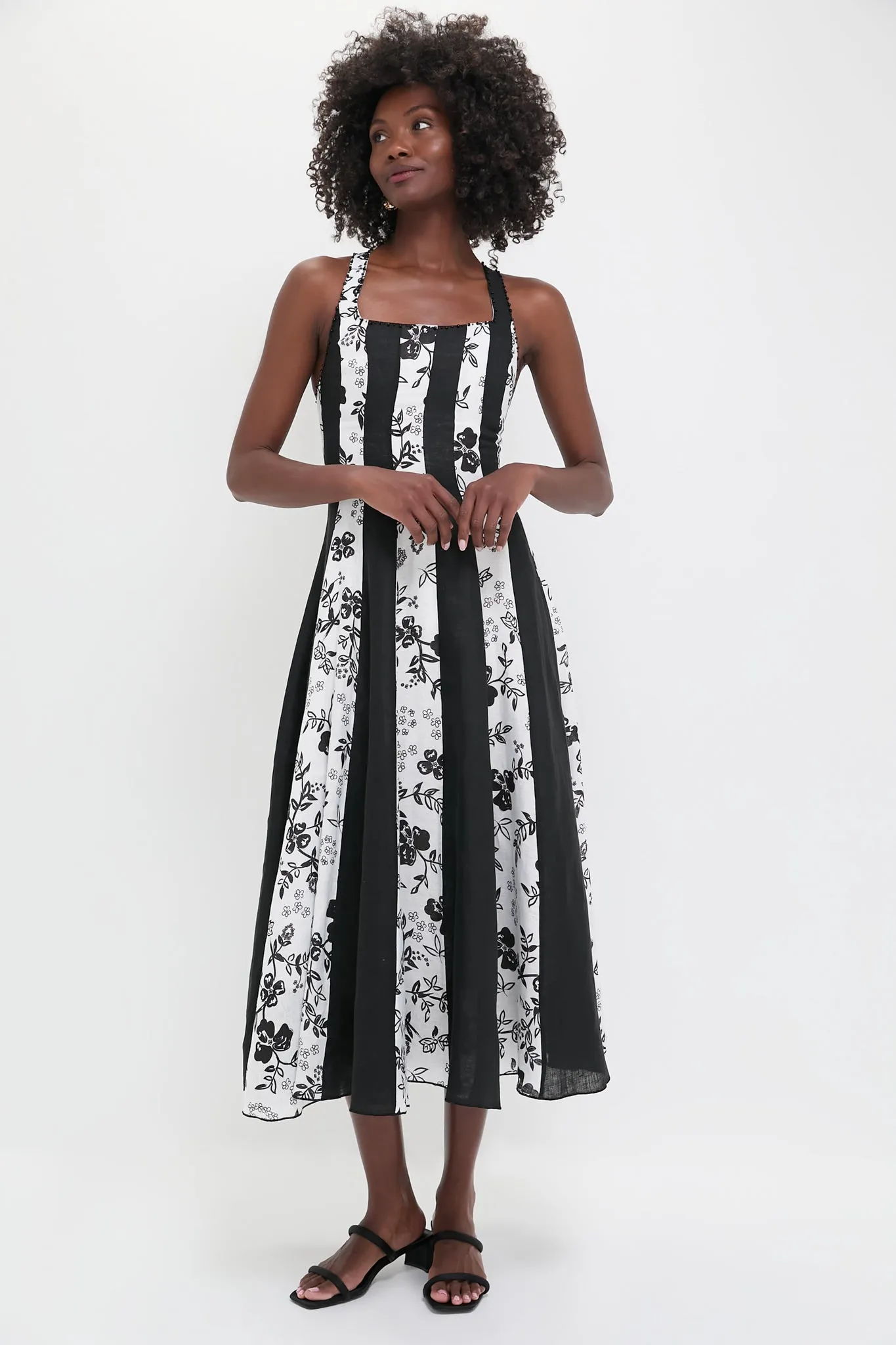 Black and White Floral Linen Midi Dress