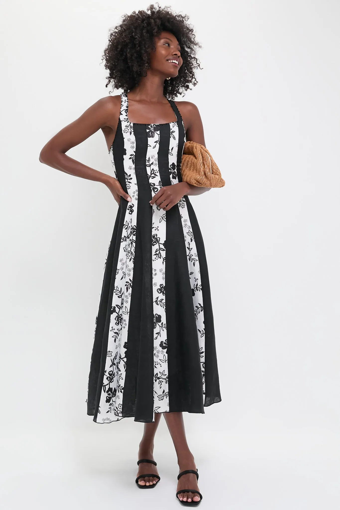 Black and White Floral Linen Midi Dress