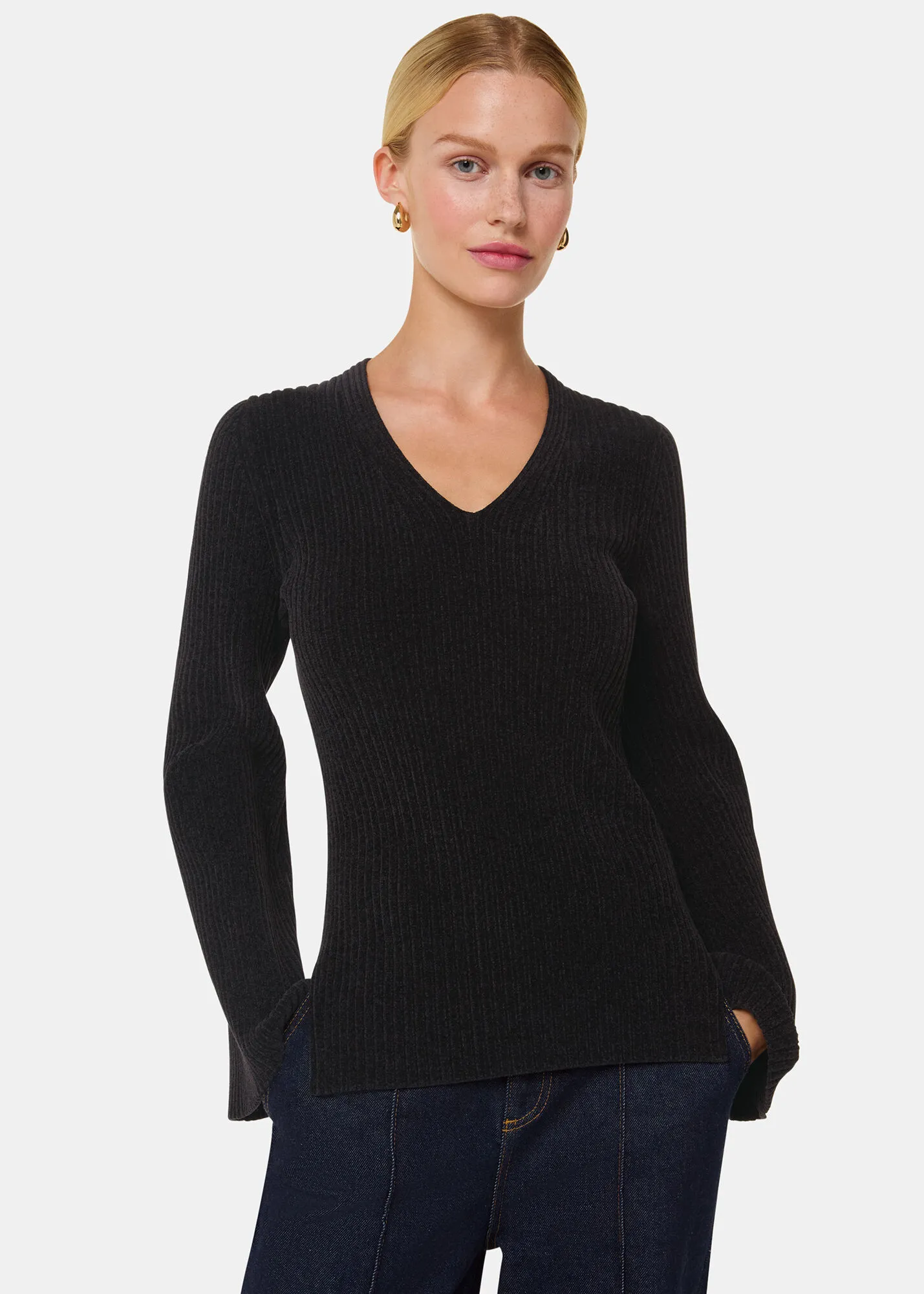 Black Chenille V Neck Knit