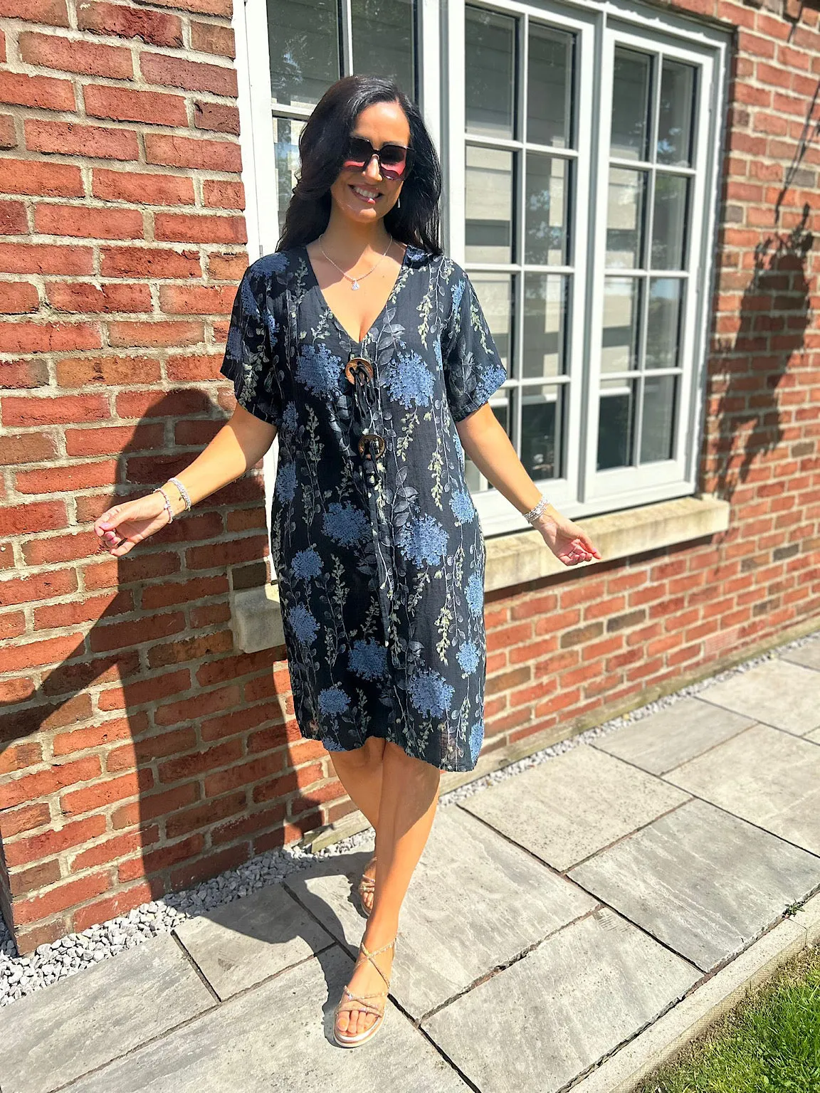 Black Floral Sandra Button Tunic Dress