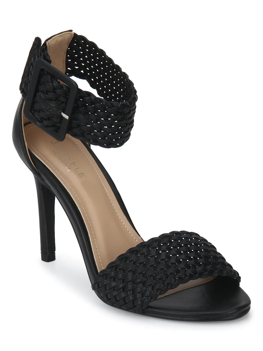 Black PU Knitted Ankle Strap Stiletto Heels