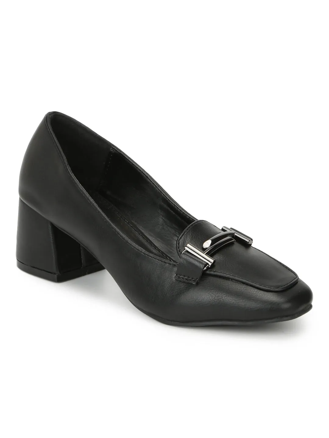 Black PU Loafer Style Low Block Heels