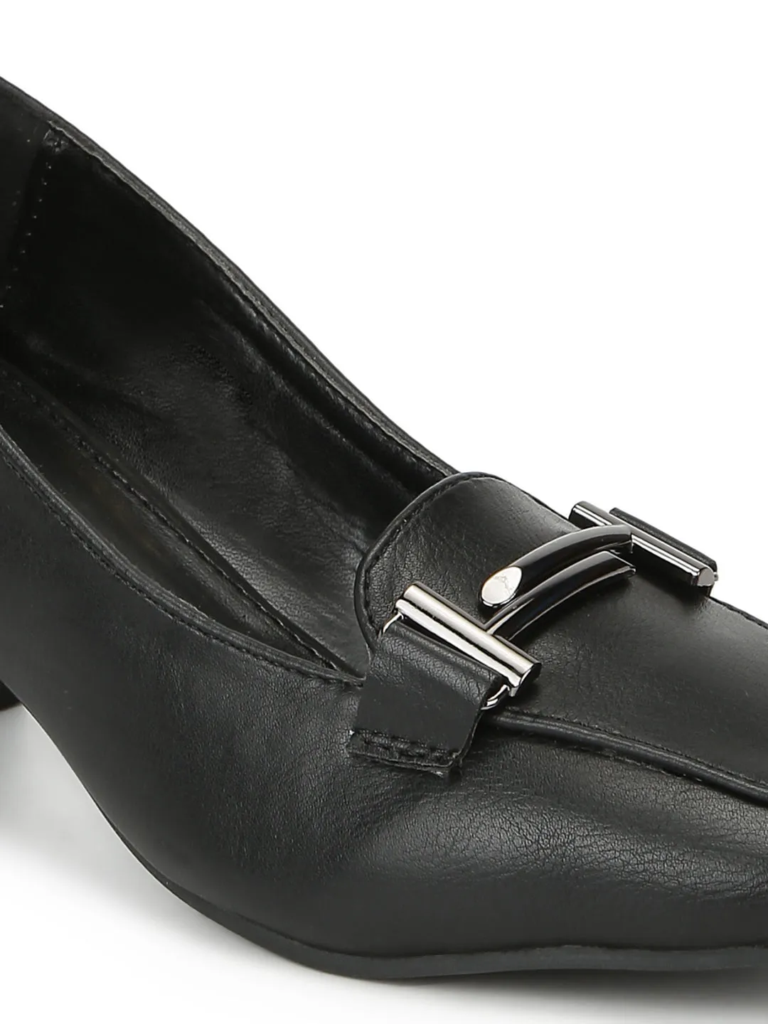 Black PU Loafer Style Low Block Heels