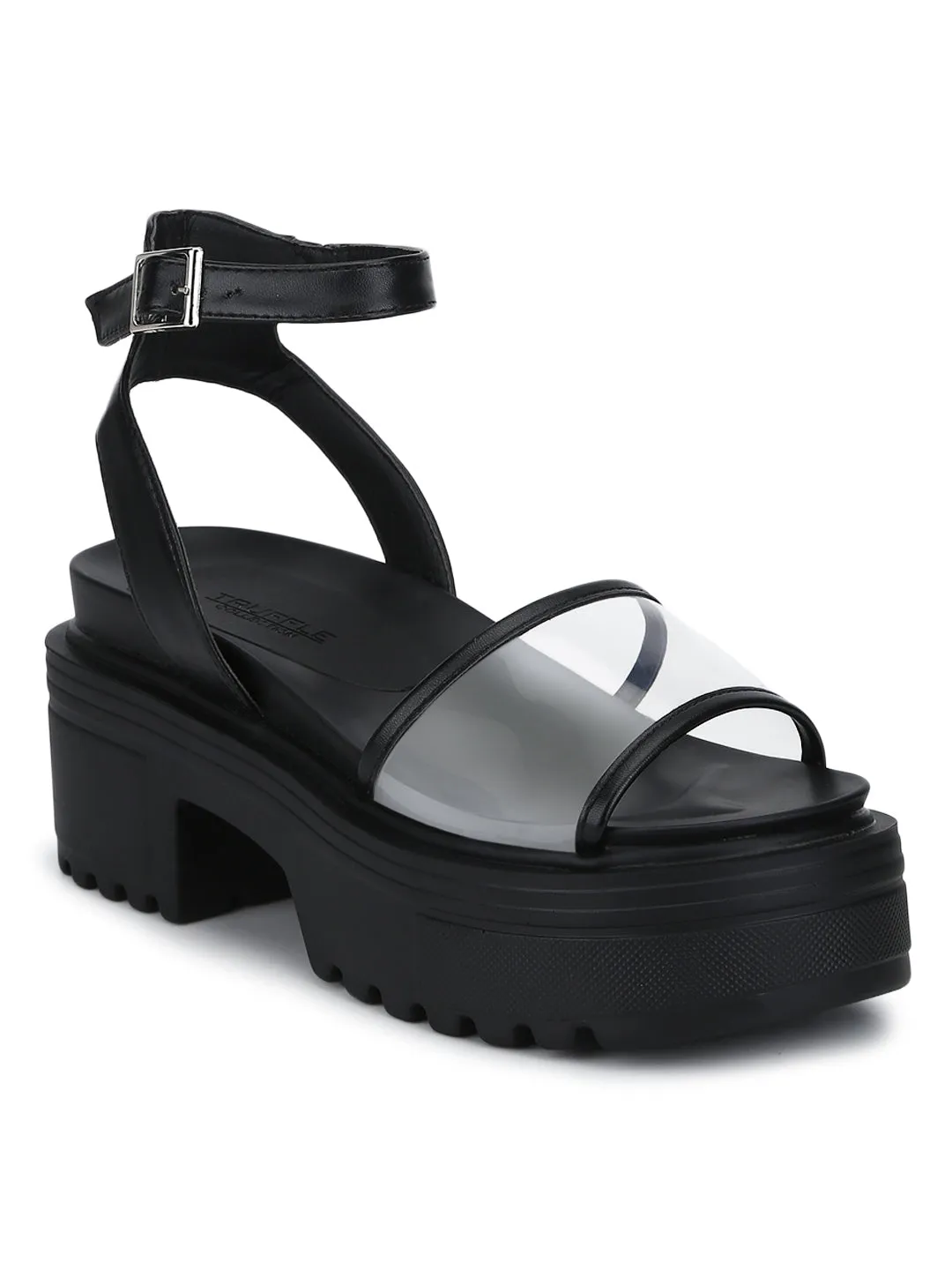 Black PU Perspex Cleated Bottom Ankle Strap Platform Block Heels