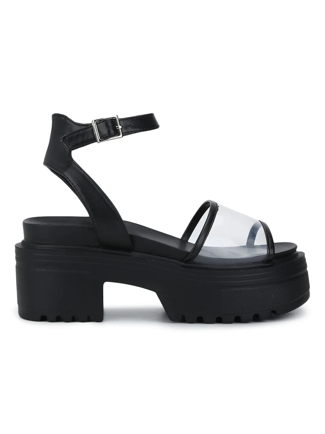 Black PU Perspex Cleated Bottom Ankle Strap Platform Block Heels