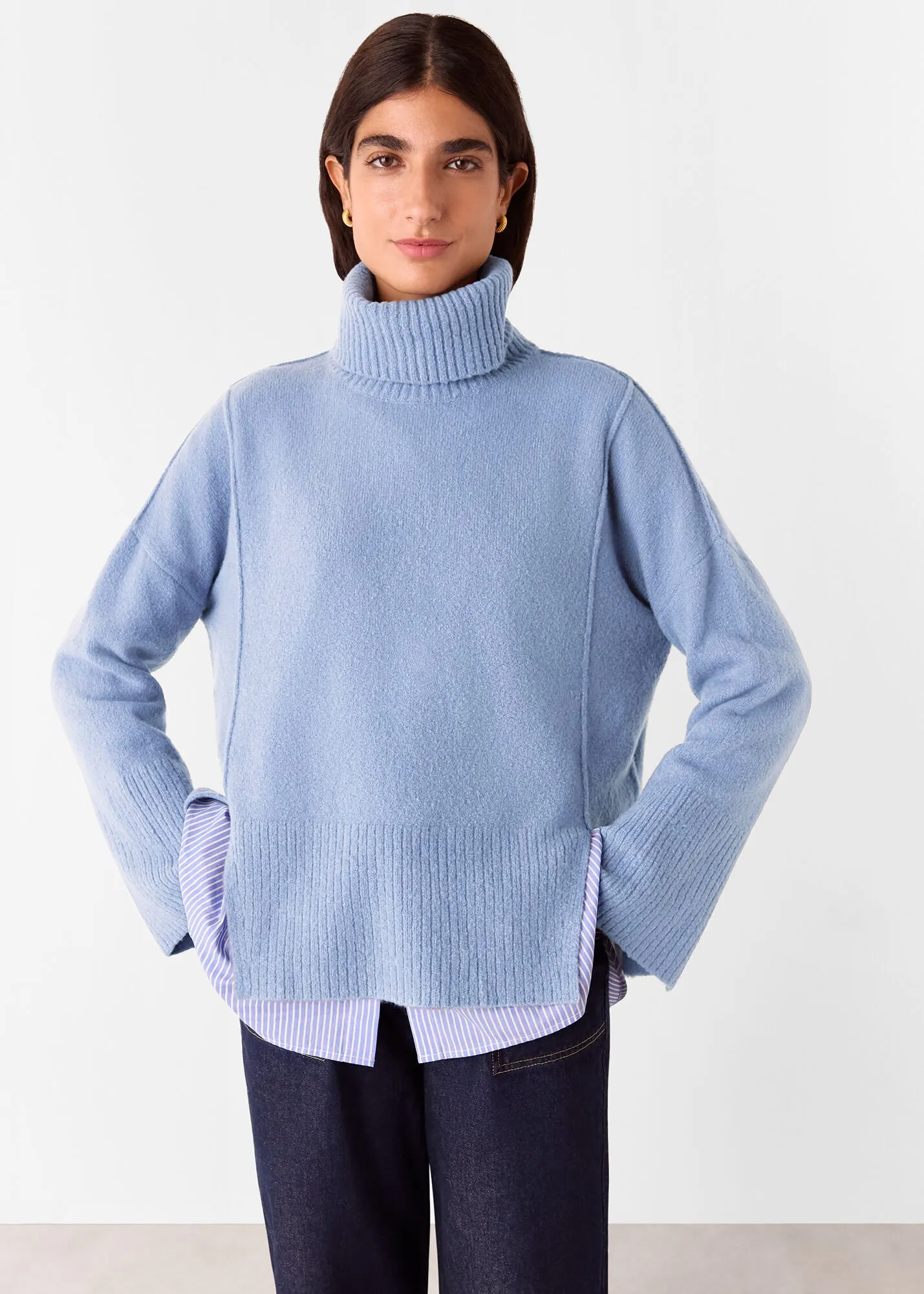 Blue Wool Mix Roll Neck Knit