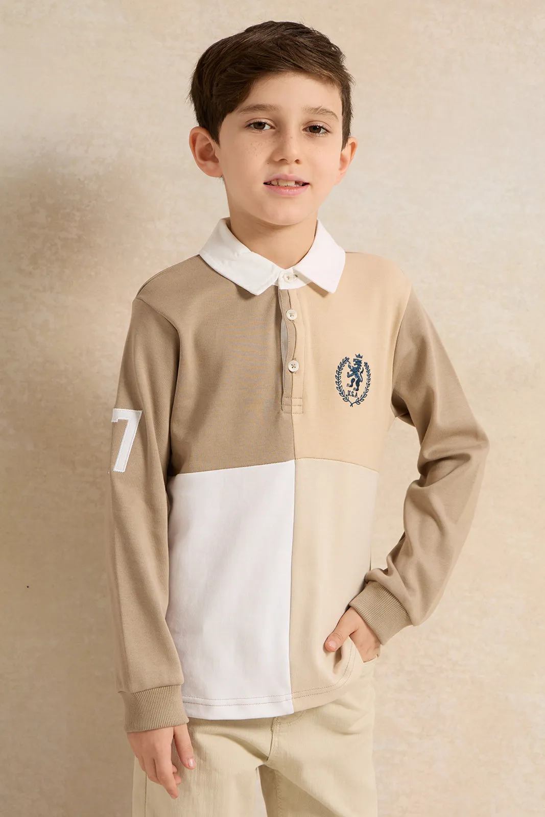 Boys Beige Long Sleeve Polo T-Shirt