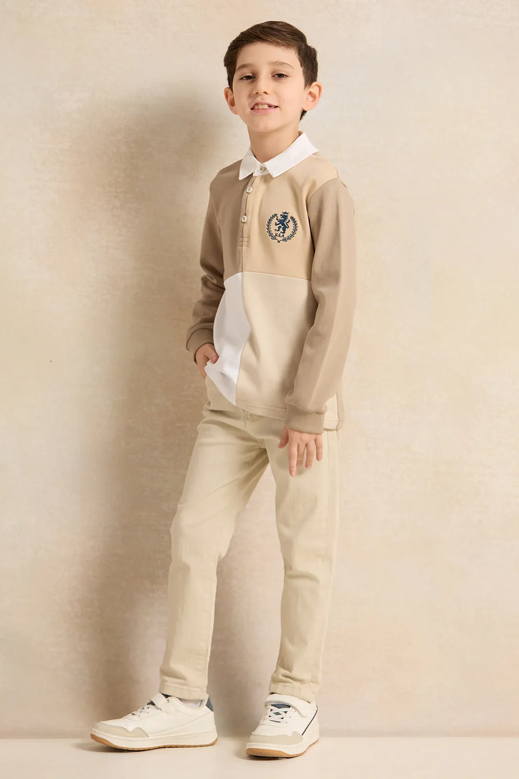 Boys Beige Long Sleeve Polo T-Shirt