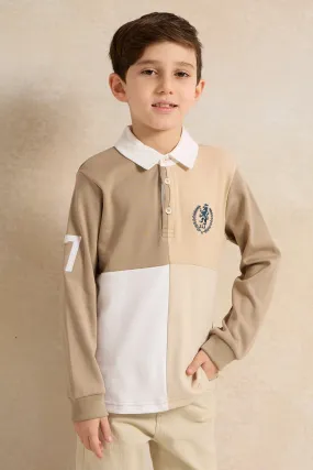 Boys Beige Long Sleeve Polo T-Shirt