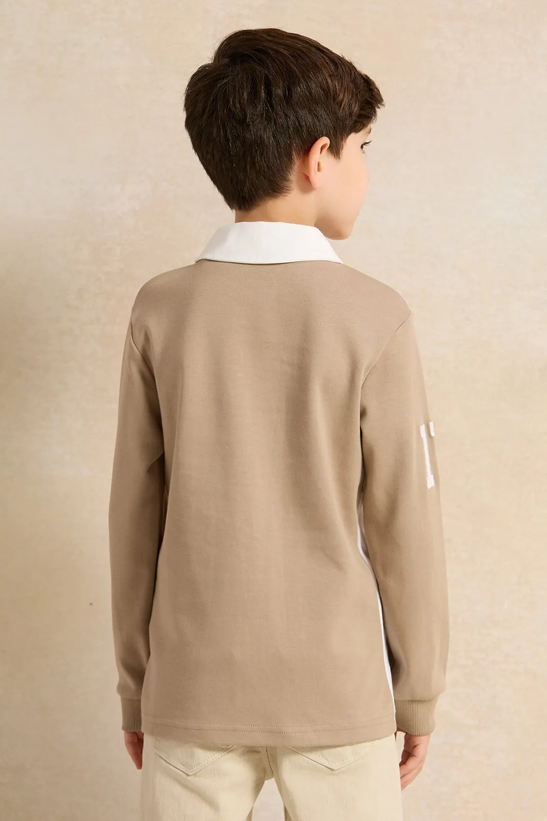 Boys Beige Long Sleeve Polo T-Shirt