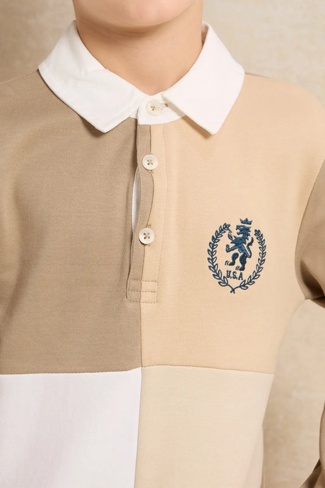 Boys Beige Long Sleeve Polo T-Shirt