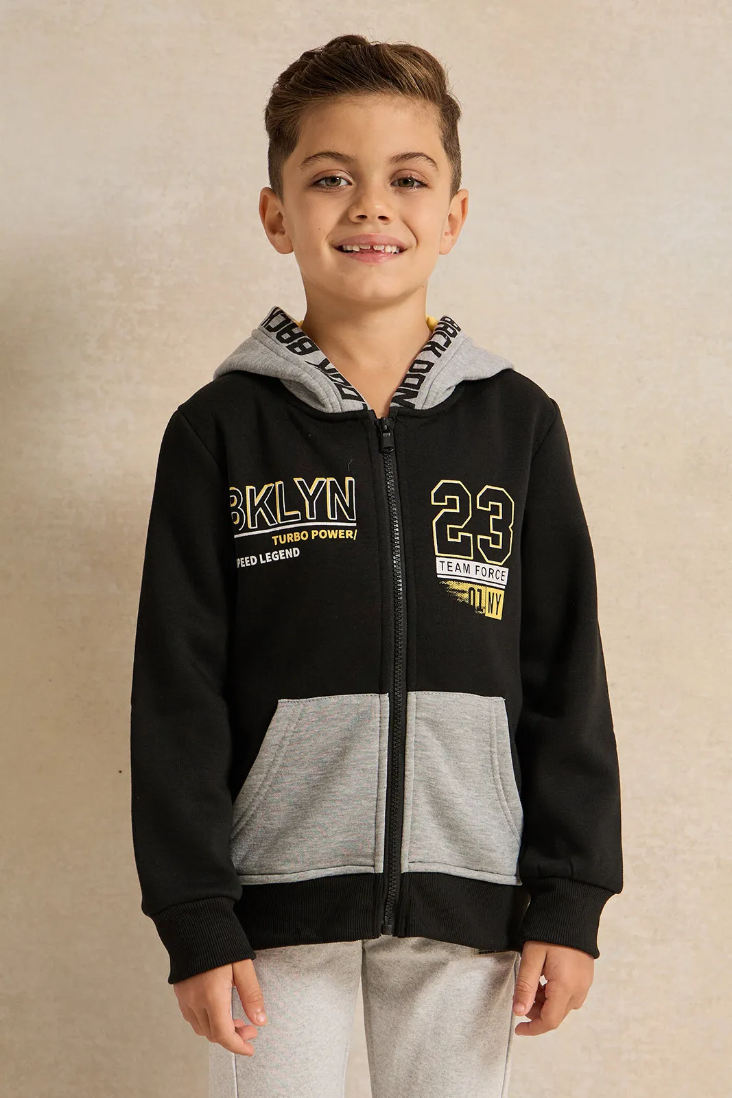 Boys Black And Grey Hooded Sweatshirt