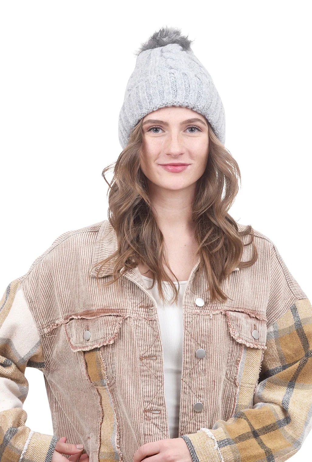 Cable Pompom Hat, Gray