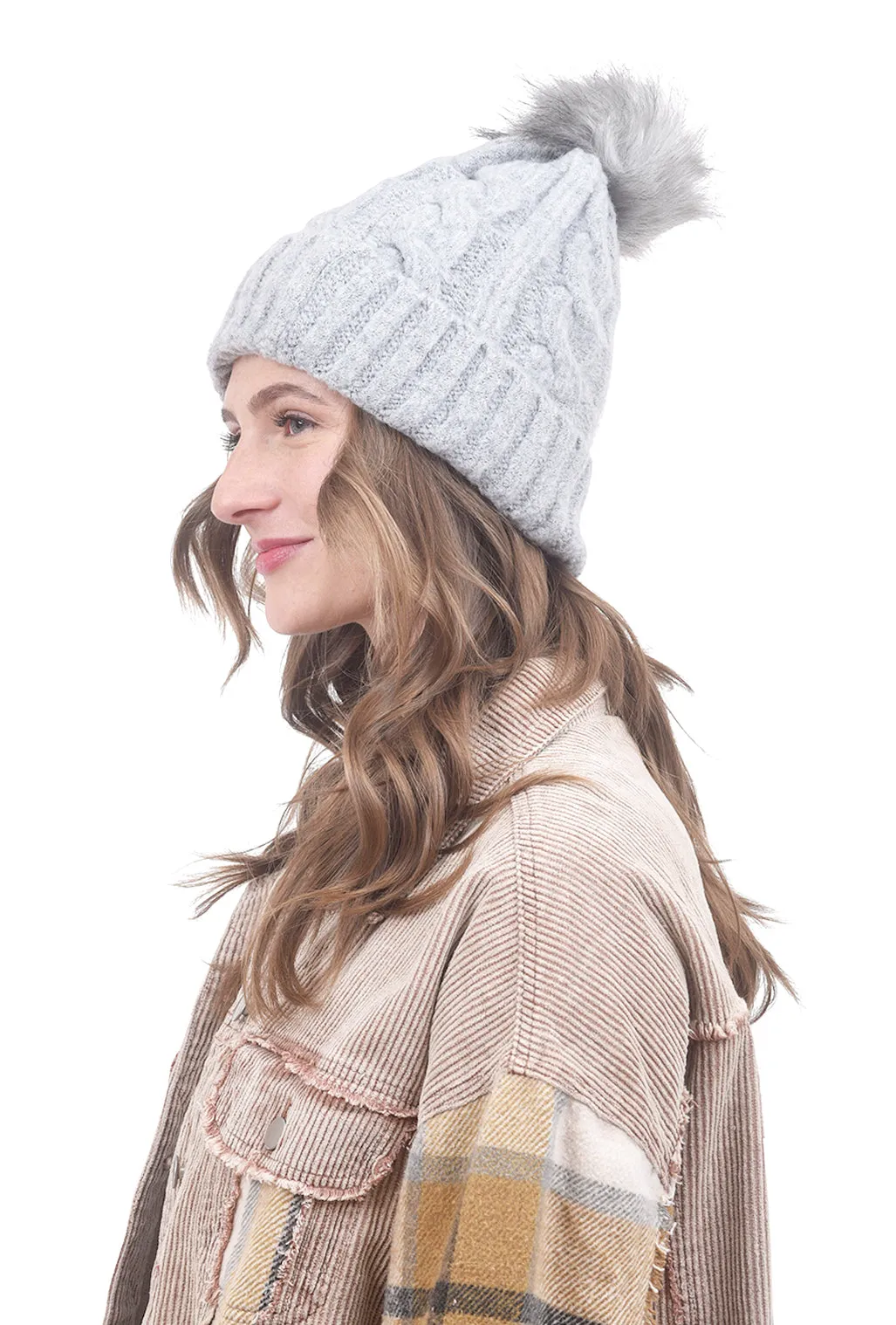 Cable Pompom Hat, Gray