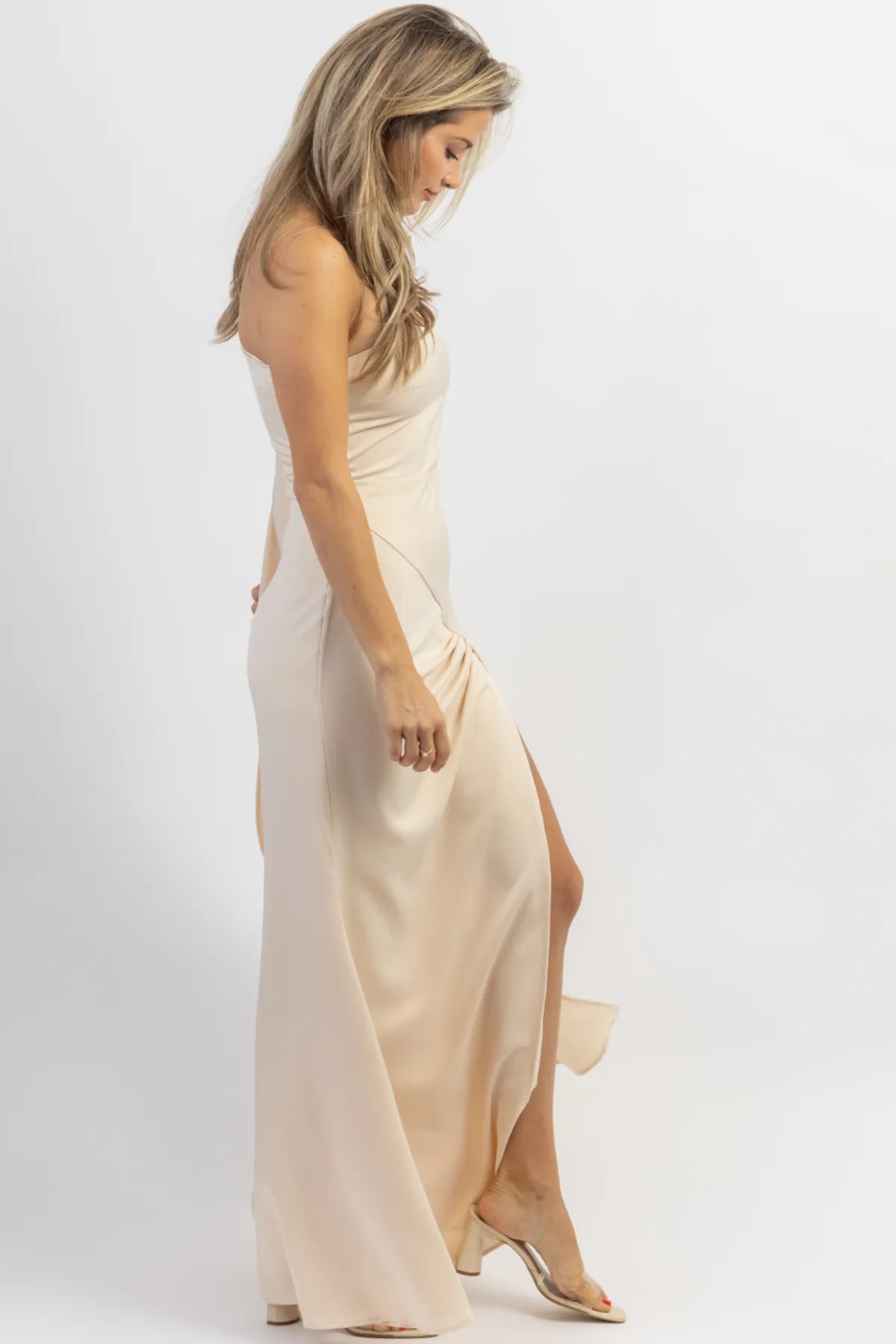 CHAMPAGNE ONE SHOULDER + SASH SATIN MAXI DRESS