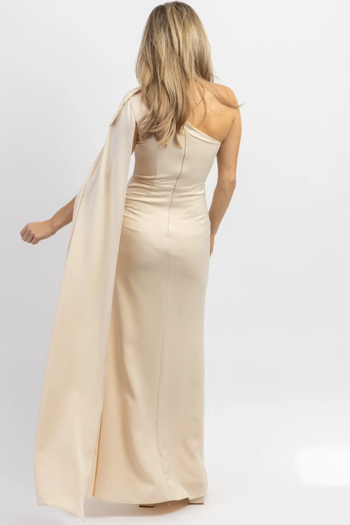 CHAMPAGNE ONE SHOULDER + SASH SATIN MAXI DRESS