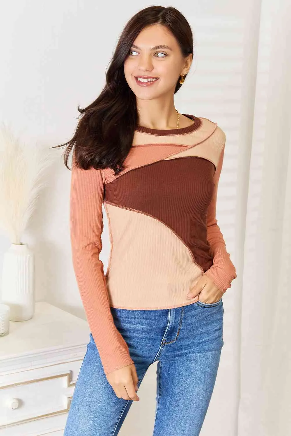 Color Block Long Sleeve Top with Exposed Seam - Double Take