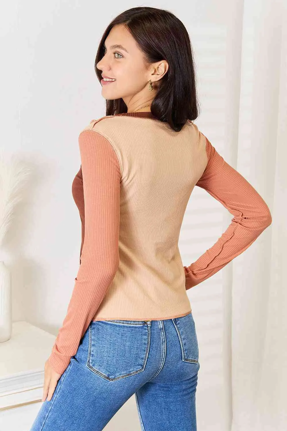 Color Block Long Sleeve Top with Exposed Seam - Double Take