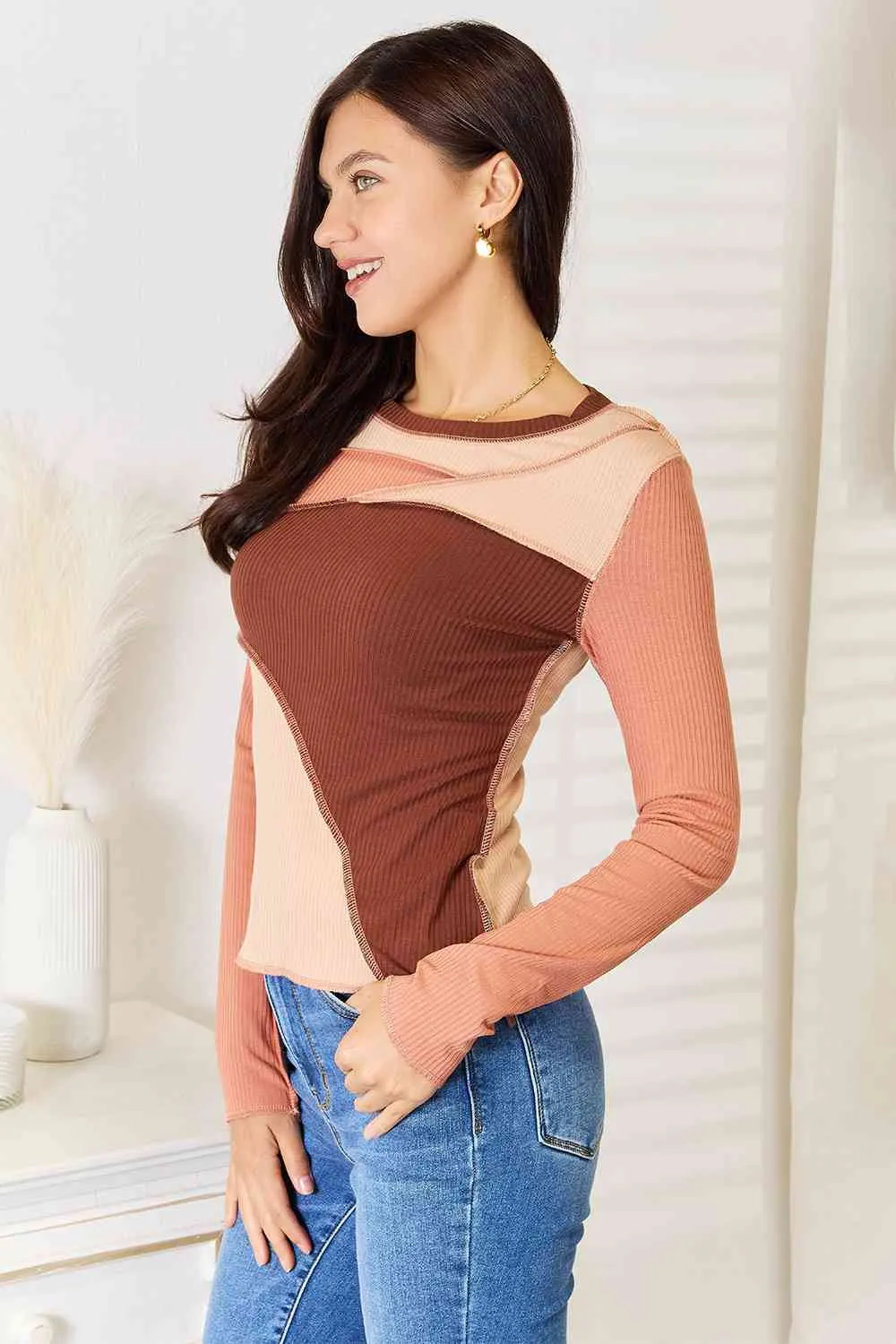 Color Block Long Sleeve Top with Exposed Seam - Double Take