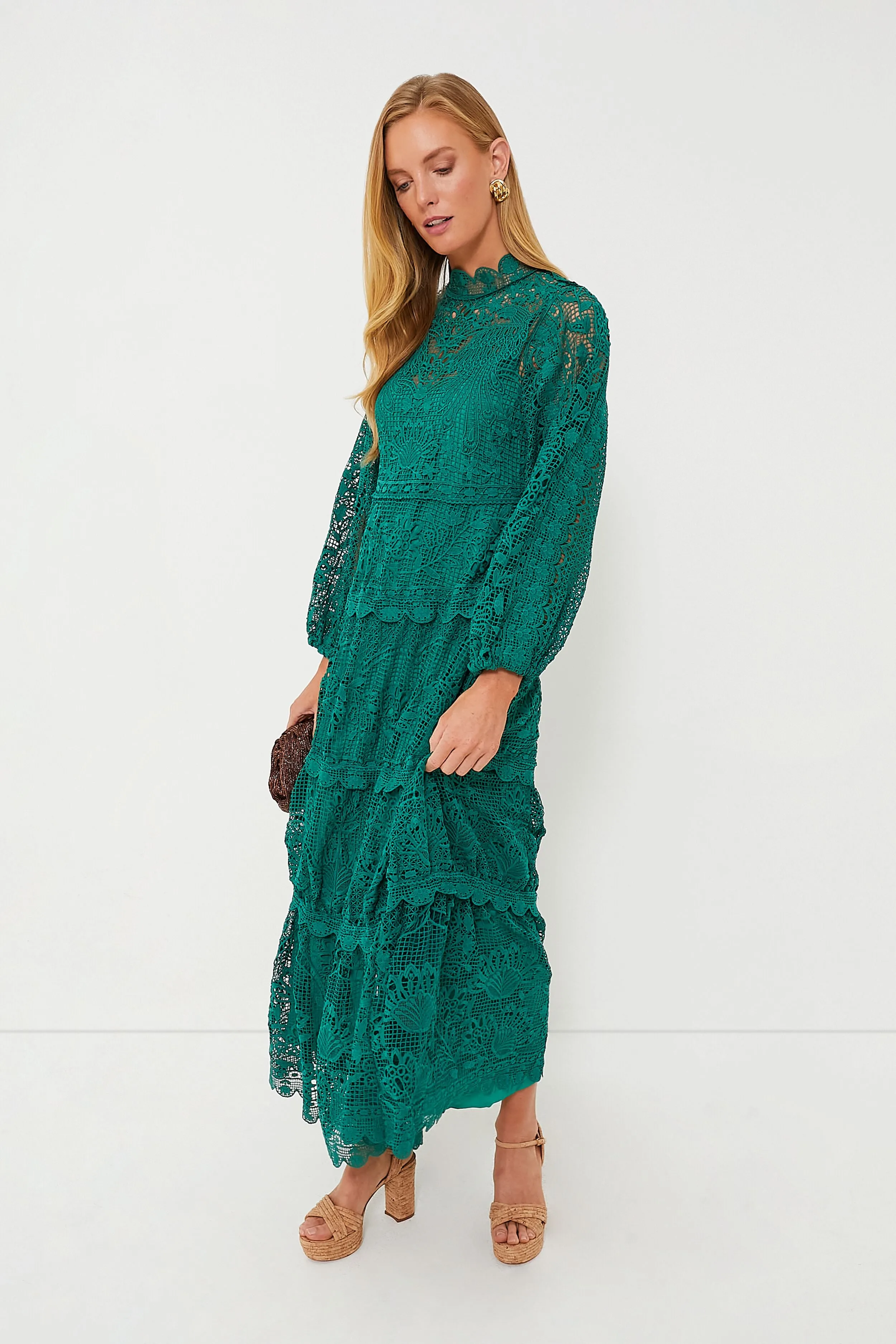 Dark Green Guipure Long Sleeve Maxi Dress